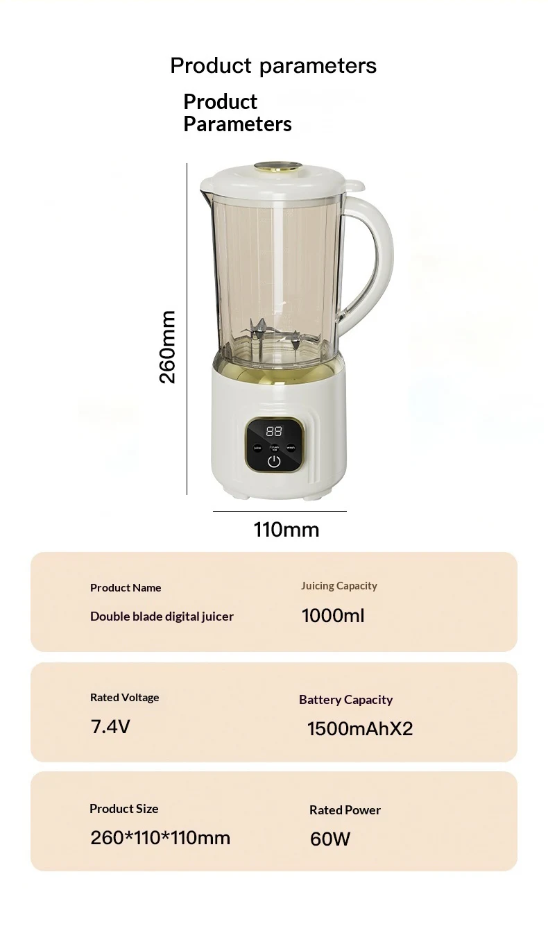 1000 ML Household Juicer Blender Dual-blade digital display juicer USB Rechargeable Ice Crusher Electric Fruit Juice Machine