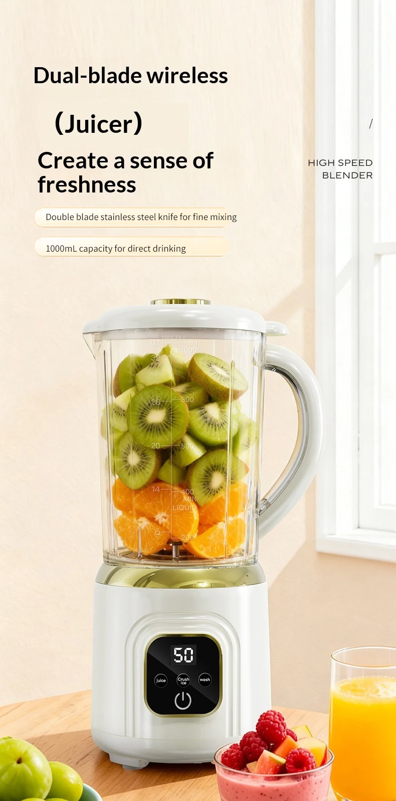 1000 ML Household Juicer Blender Dual-blade digital display juicer USB Rechargeable Ice Crusher Electric Fruit Juice Machine