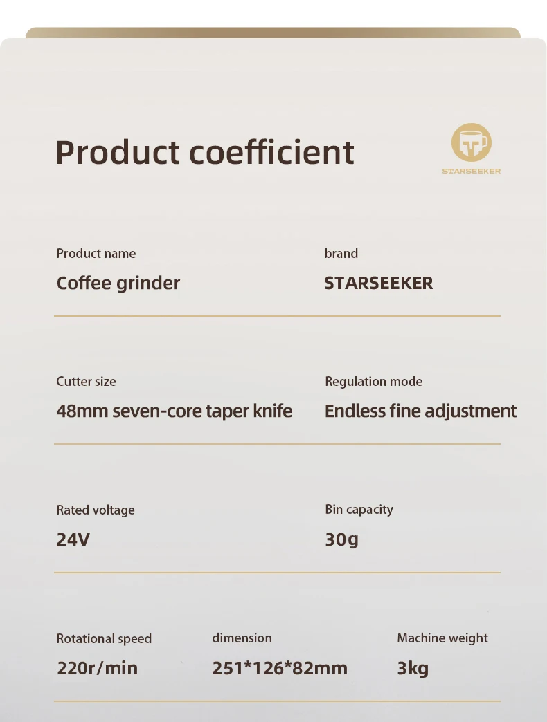 STARSEEKER EDGE Titanium Burr Coffee Grinder 48MM Espresso Burrs Stepless Fineness Adjustment Electric Coffee Grinders Black
