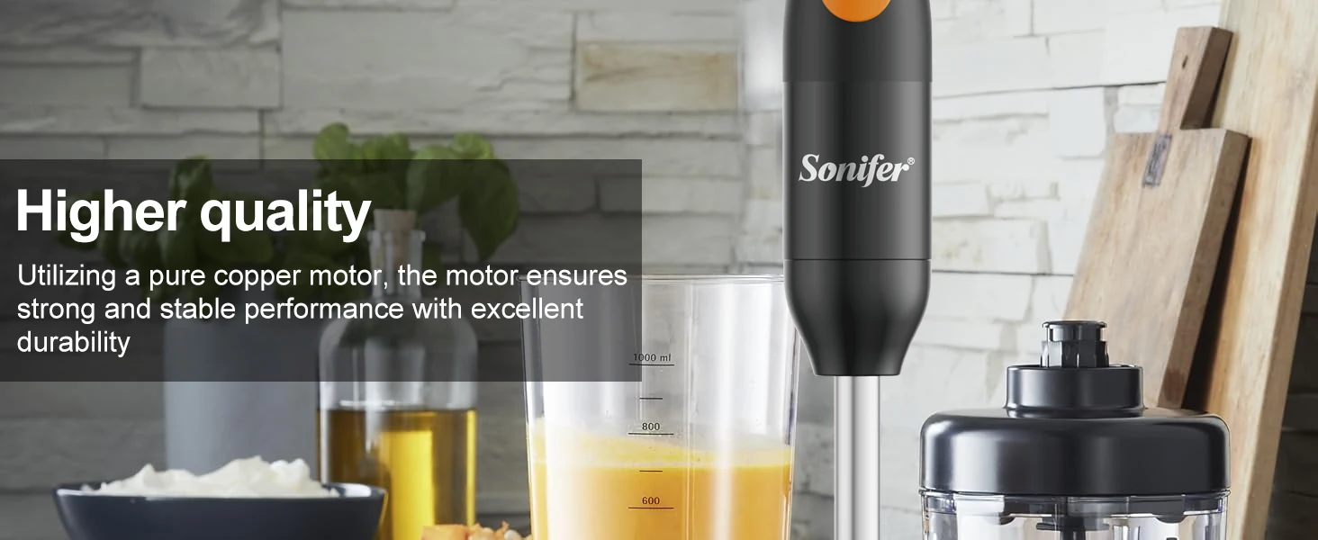 Hand Blender Set with Copper Motor, One-Button Control, 15000RPM Max, Detachable Stainless Steel Shaft & Blade, 300W
