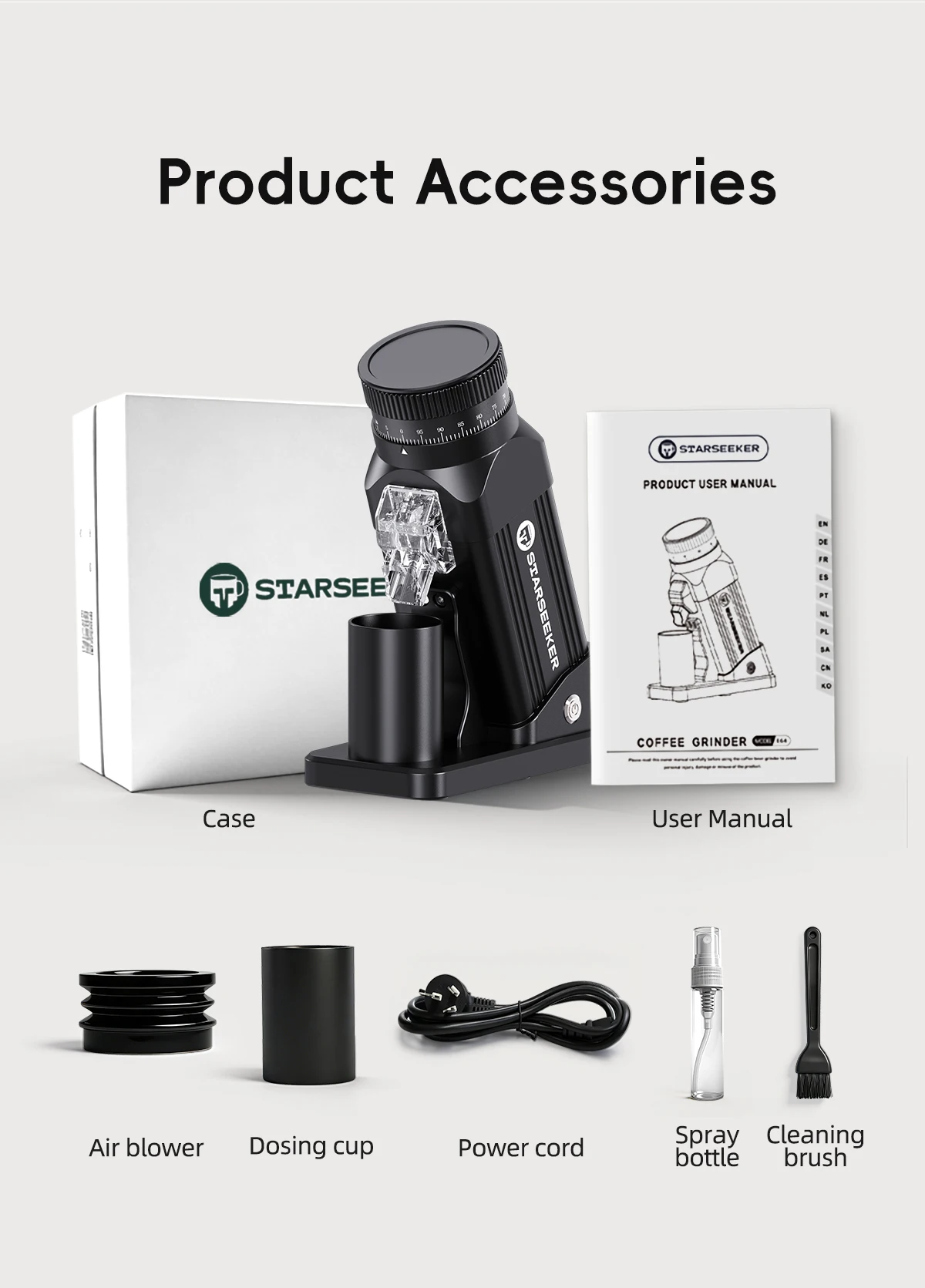 STARSEEKER E64 Electric Coffee Grinder 64MM Espresso Titanium Flat burr Stepless Fineness Adjustment Home Bean Grinder Black