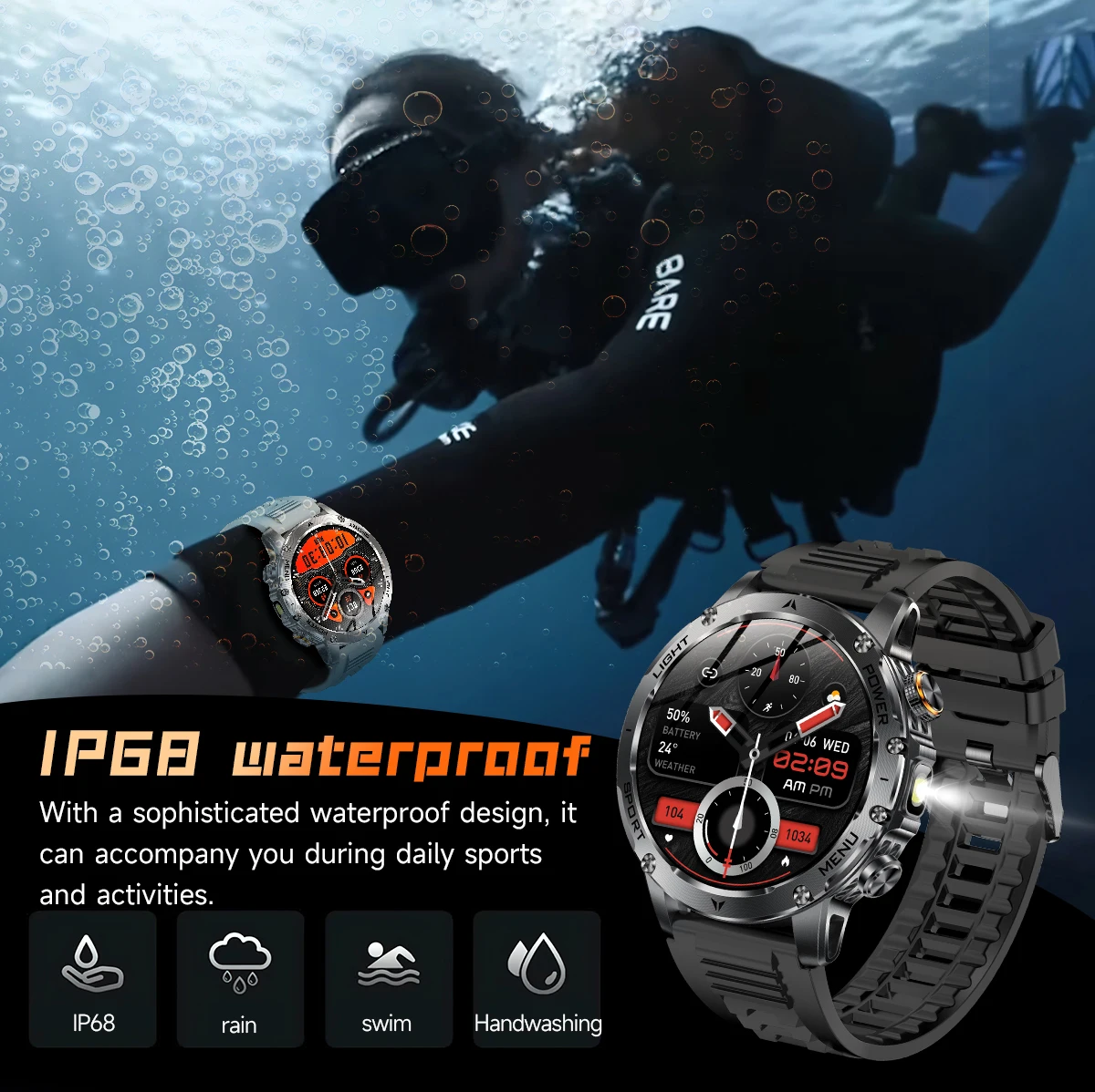 2026 New GPS Outdoor Sports Smart Watch Men AMOLED Screen LED Flashlight Heart rate Waterproof Bluetooth Call 1000mAh SmartWatch