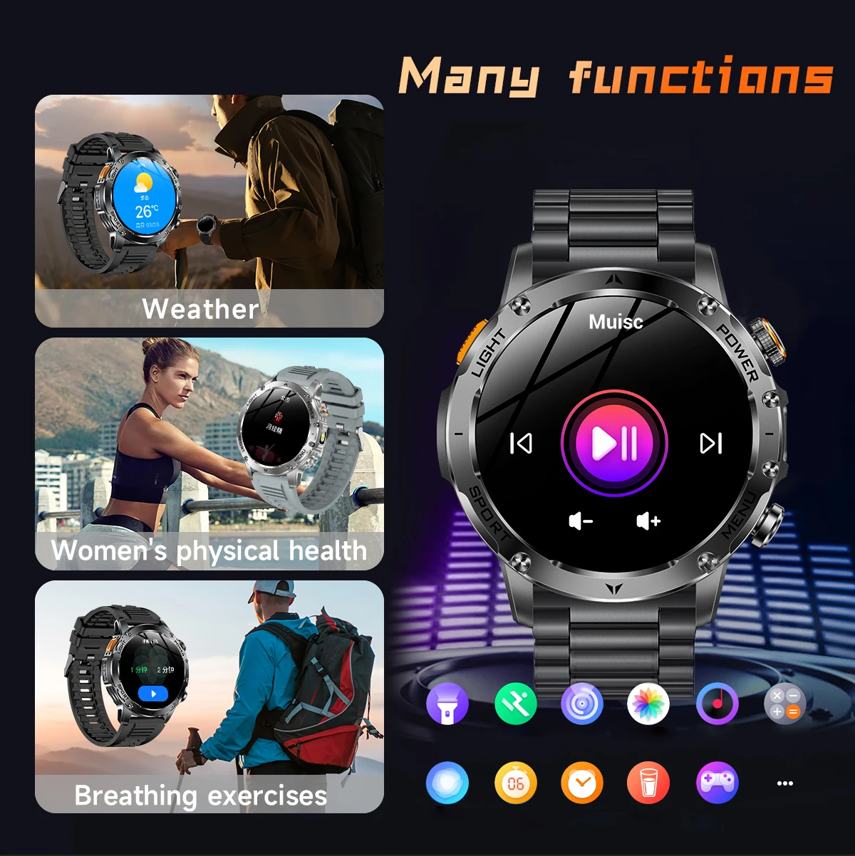 2026 New GPS Outdoor Sports Smart Watch Men AMOLED Screen LED Flashlight Heart rate Waterproof Bluetooth Call 1000mAh SmartWatch