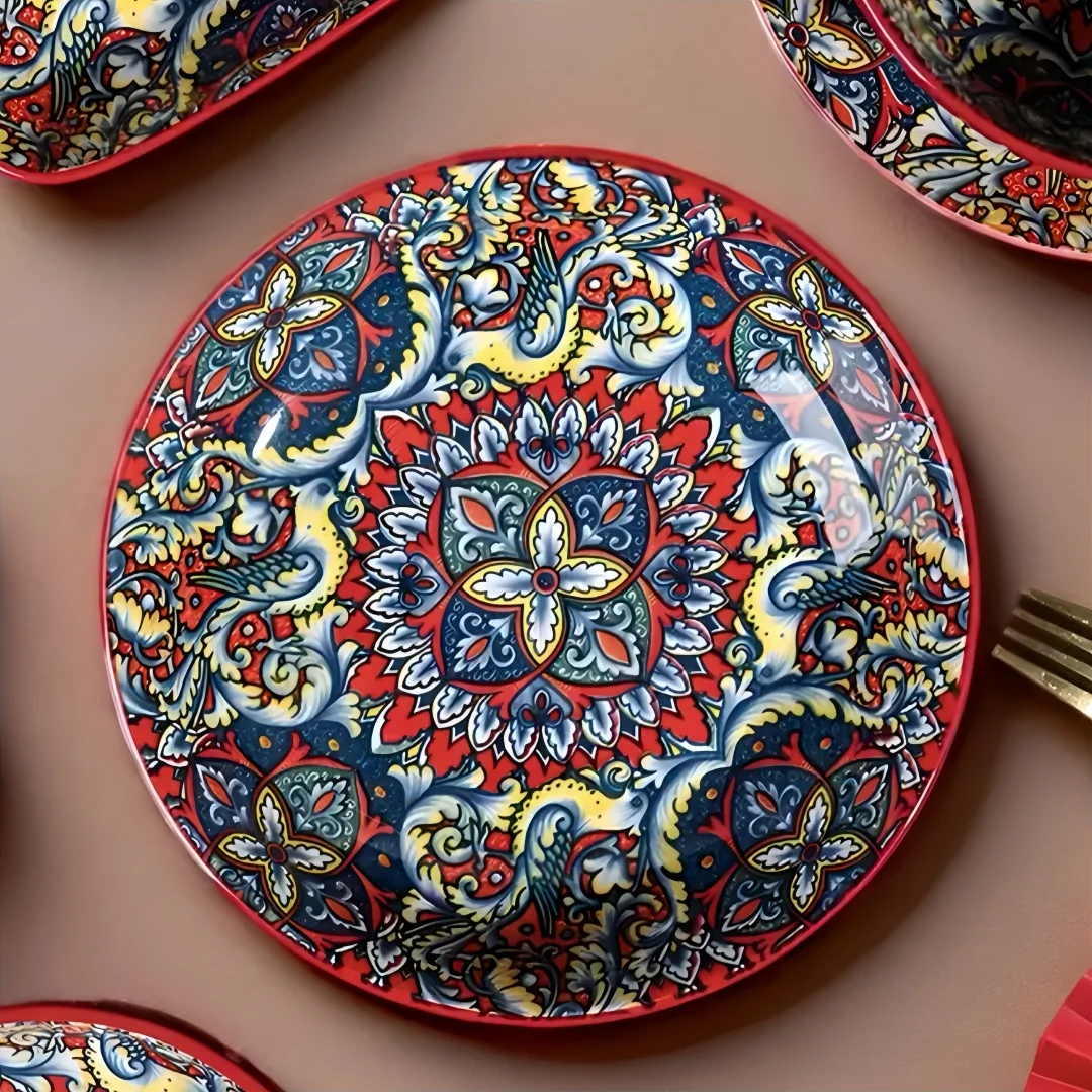 Bohemian-style round ceramic plate Creative shallow plate High-end exquisite steak plate 10-inch pasta plate