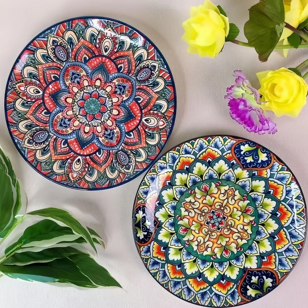 Bohemian-style round ceramic plate Creative shallow plate High-end exquisite steak plate 10-inch pasta plate