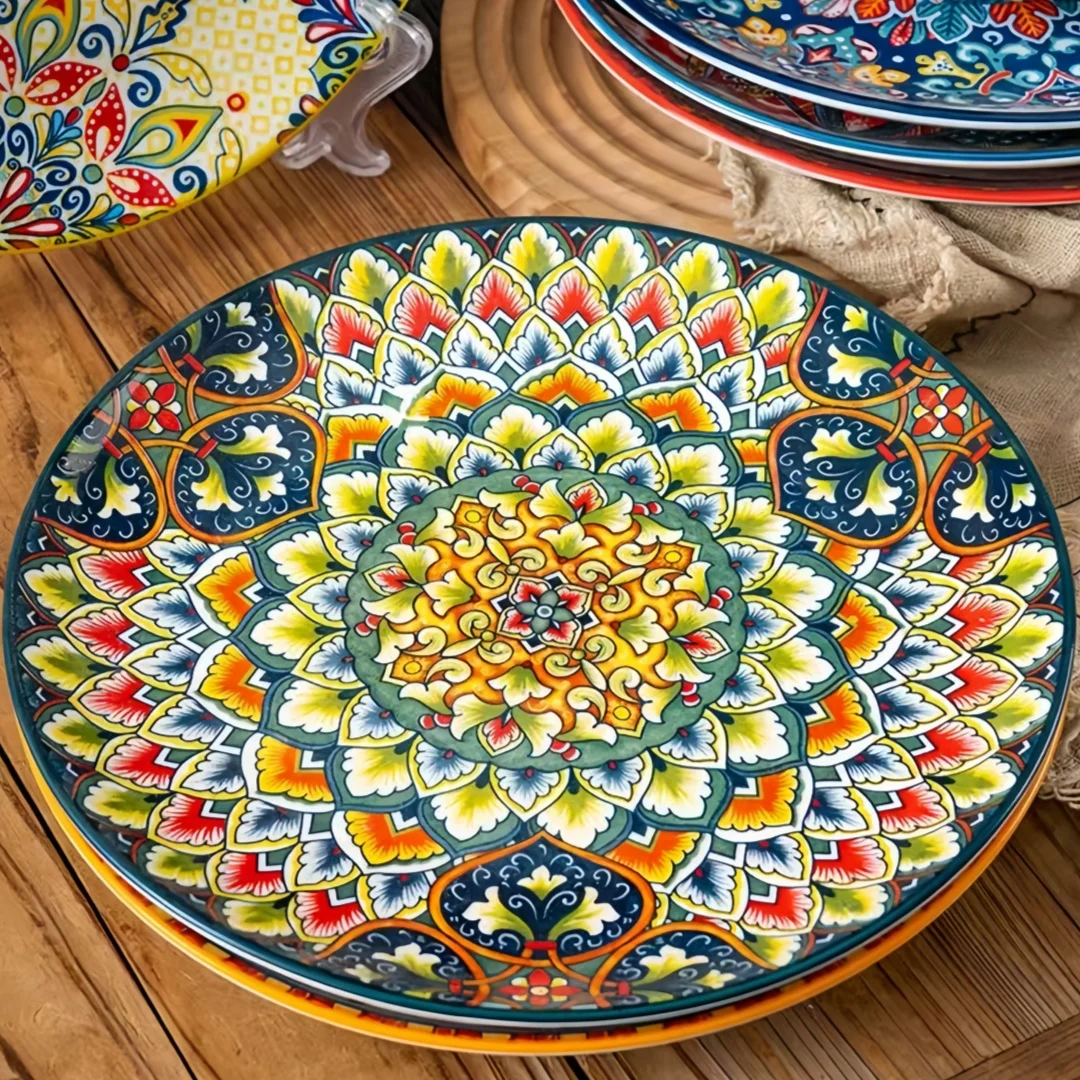 Bohemian-style round ceramic plate Creative shallow plate High-end exquisite steak plate 10-inch pasta plate