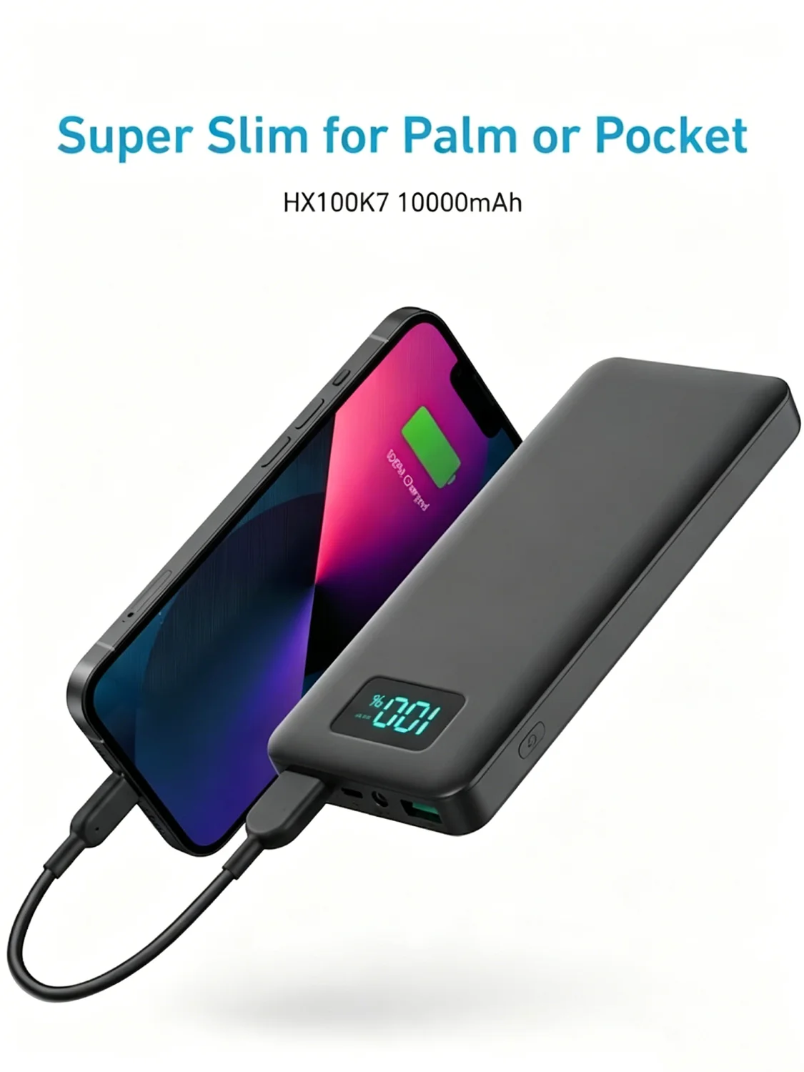 20W PD Fast Charge Powerbank 10000mAh Thin Portable Charger Type C USB C External Battery Backup Power Supply with LED Display for Travel Camping Fits iPhone 17 16 15 14 Plus Pro Max Samsung Galaxy S26 S25 Ultra S24 Google Pixel 9 8 Pro