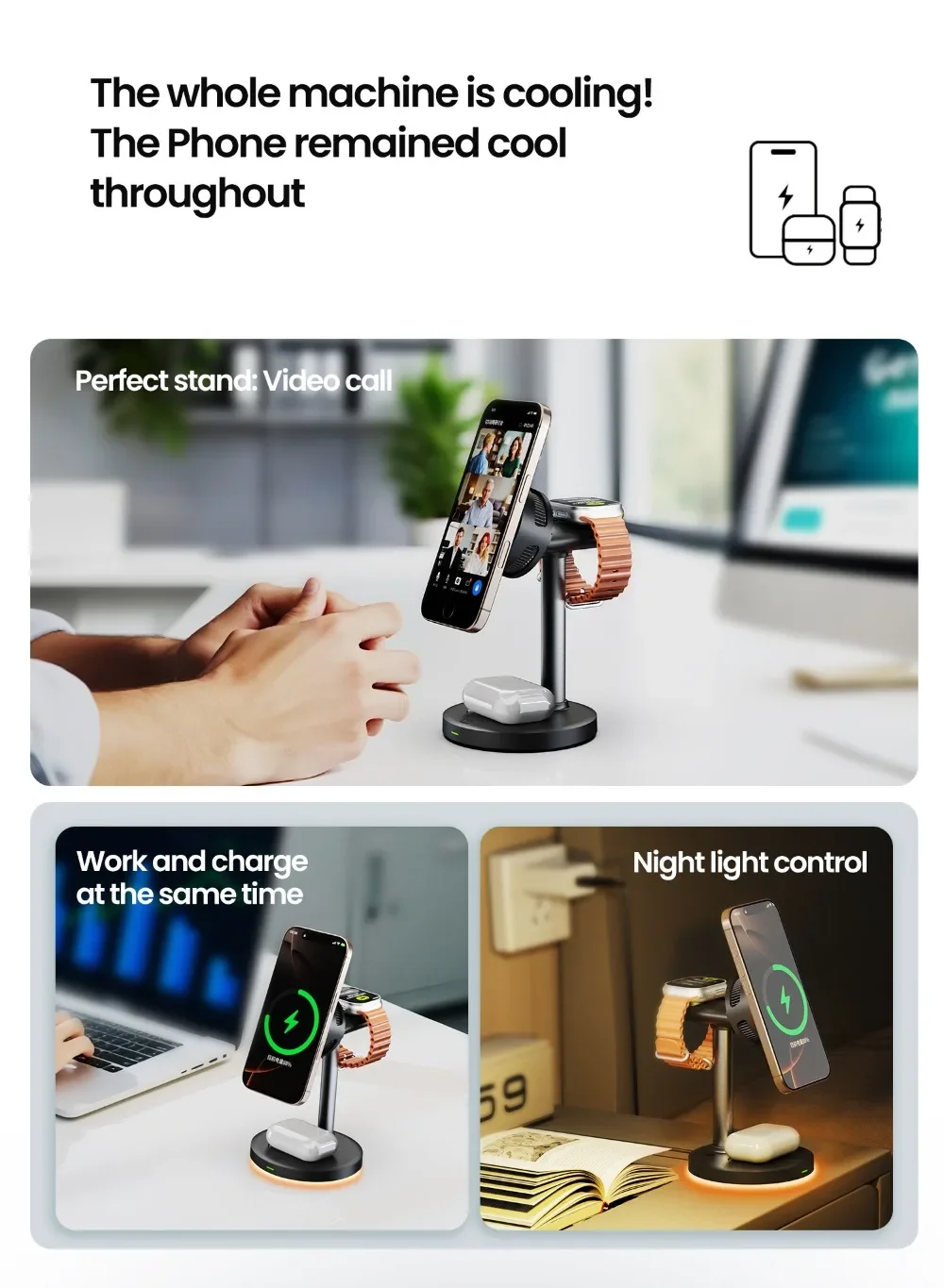 3‑in‑1 Qi2.2 25W Magnetic Wireless Charger Semiconductor ICE Cooling Fan With LED Light for iPhone 17 16 Pro Max iWatch Airpods
