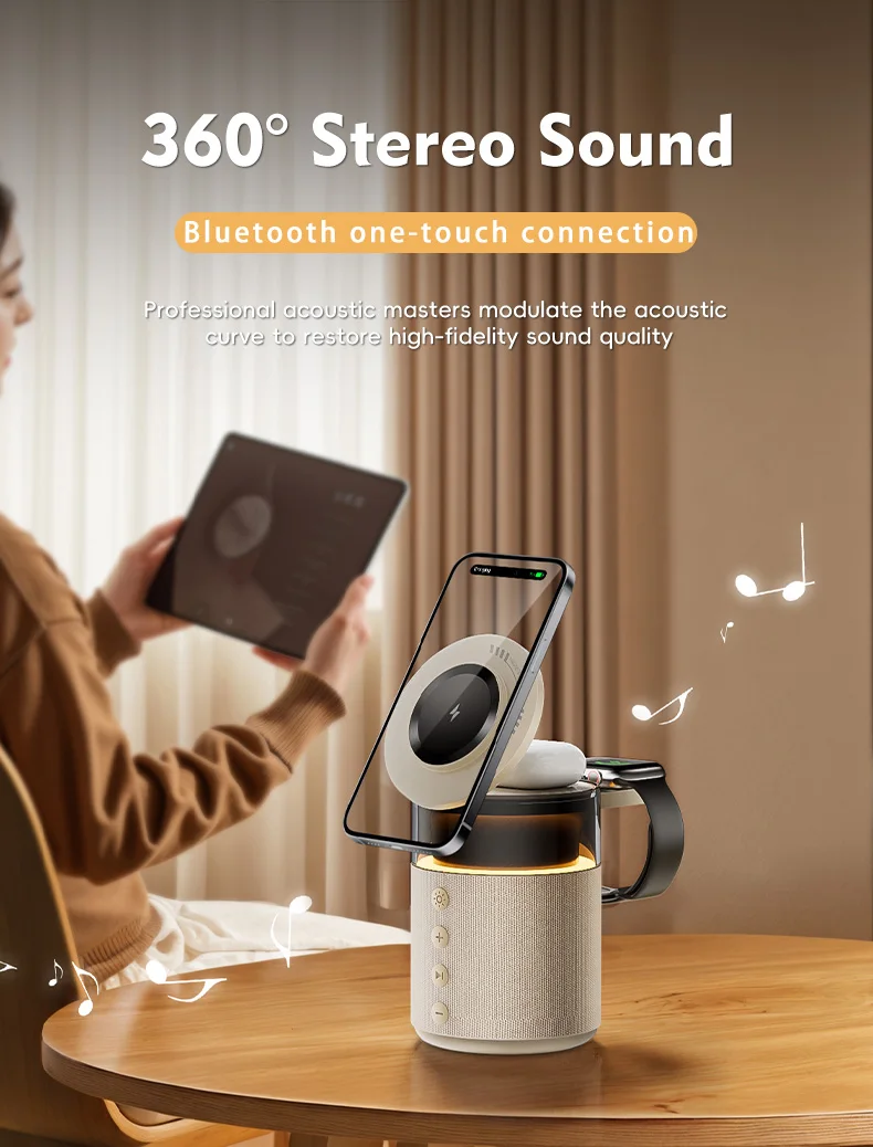 5-in-1 Magnetic Wireless Charging Station with Wireless Speaker Night Light Fast Charger for iPhone iWatch AirPods With Speaker