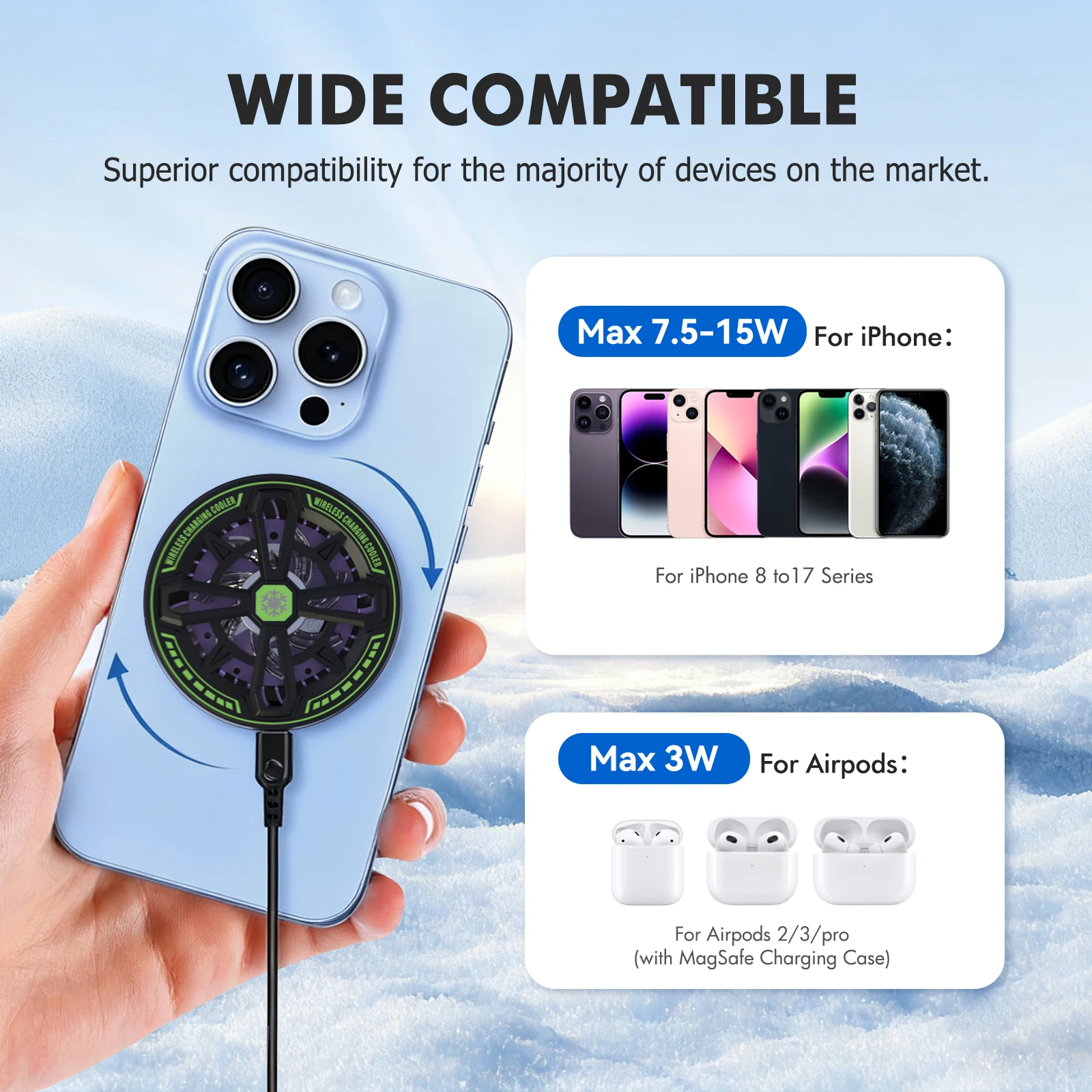 2 In 1 Magnetic Wireless Charging 15W Universal Phone Cooler with Digital Display RGB Lights for Iphone Samsung Airpods