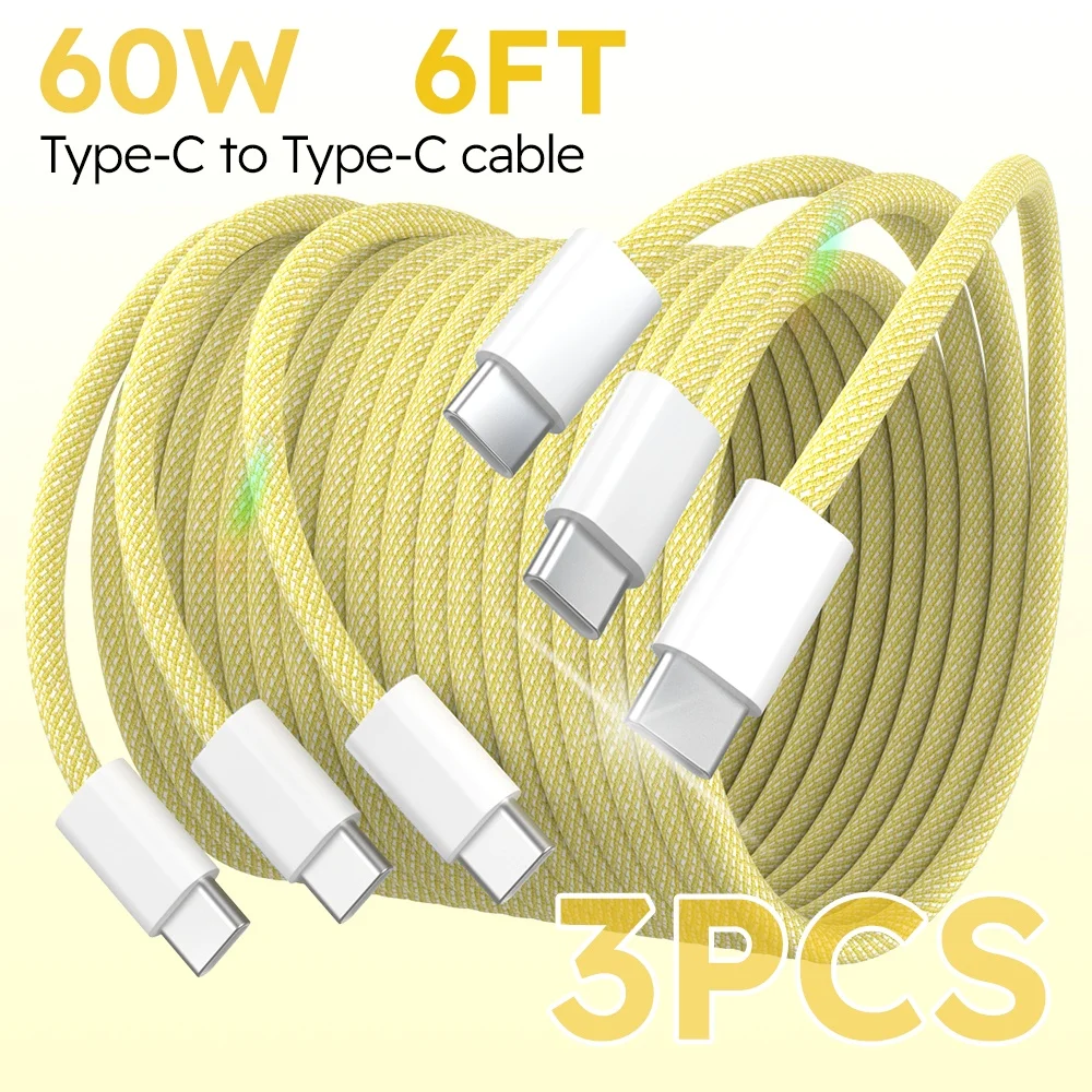 3PCS 6FT 60W Nylon Weave Fast Charger Type C to USB C Cable For Samsung For Xiaomi For iPhone 15 Pro/iPad/Android