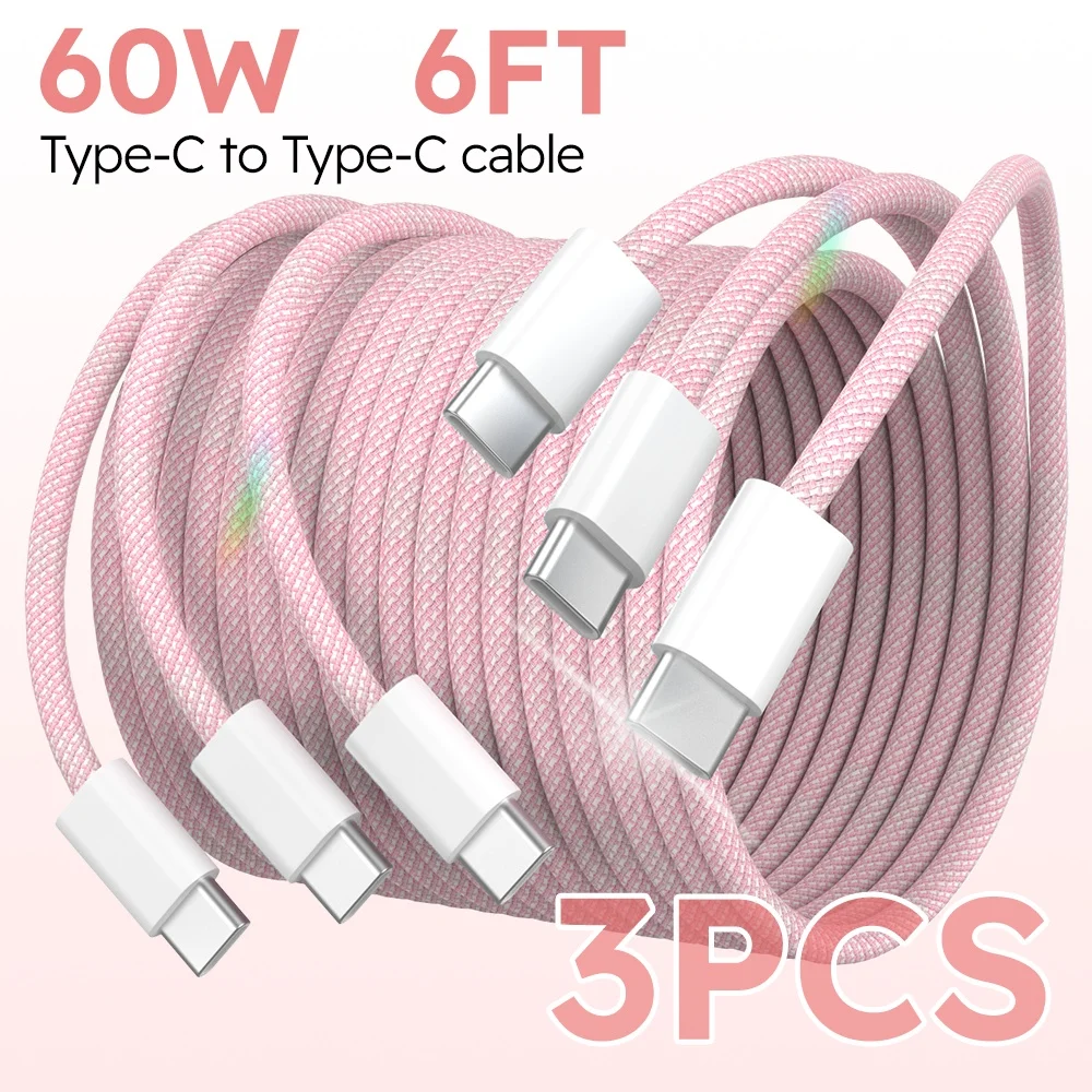 3PCS 6FT 60W Nylon Weave Fast Charger Type C to USB C Cable For Samsung For Xiaomi For iPhone 15 Pro/iPad/Android