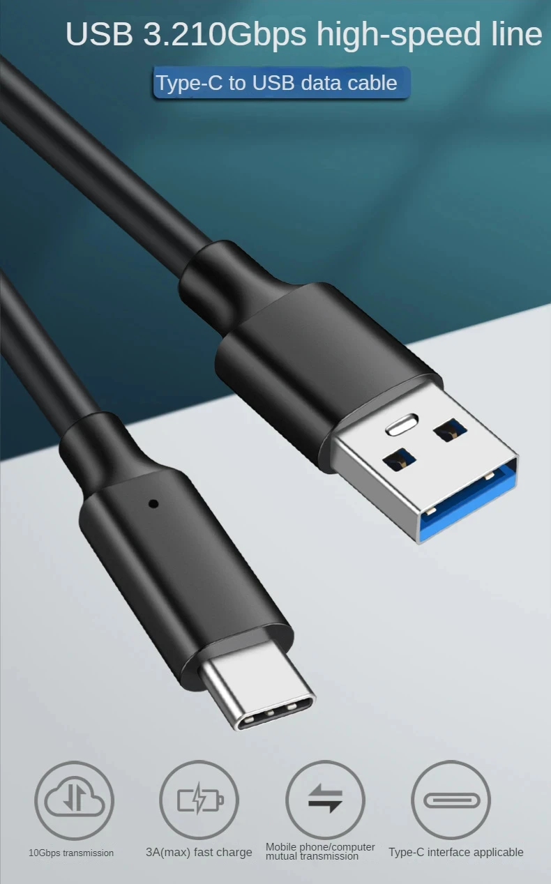 USB3.2 10Gbps Cable USB Type A to USB C 3.2 Gen2 Cable Data Transfer USB C SSD Hard Disk Cable 3A 60W QC 3.0 Fast Charging 1m 2m