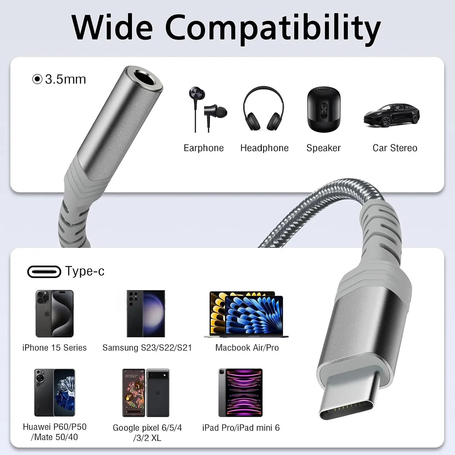 USB-C to 3.5mm Female Headphone Jack Adapter, USB Type C to AUX Audio Dongle Cable Cord Compatible with Samsung Galaxy S24 S23 Ultra S22 Note 20 S10,iPad Pro,Pixel 4 3 2 XL and More (Grey)
