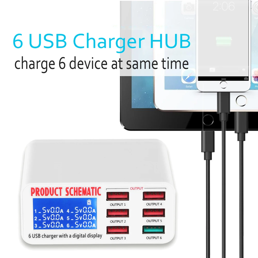 6 Usb Charger HUB Fast Charger 6 Port Multiports Charging Station LED Display Screen For Smart Phones