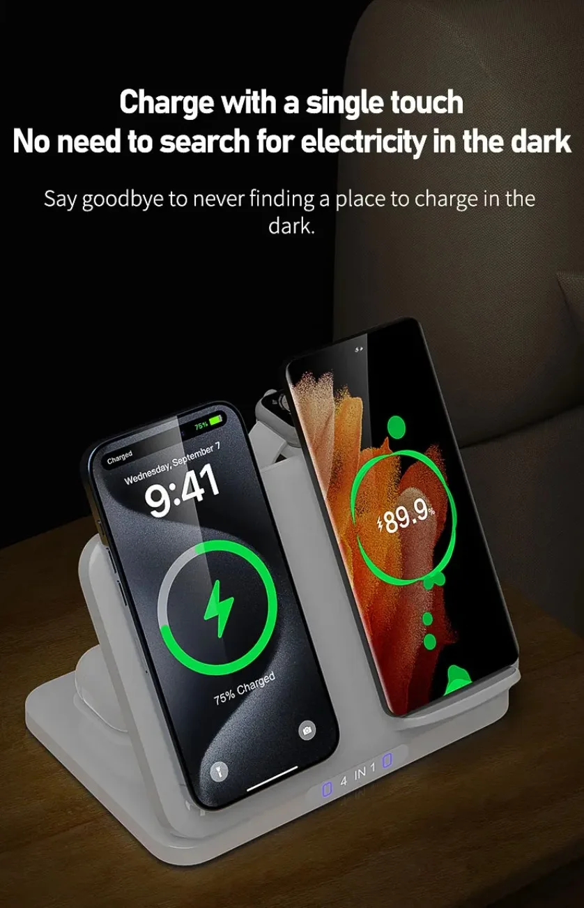 4 in 1 Dual Phone Wireless Charger Stand For iPhone 17~12 Samsung S25 Xiaomi Airpods Pro Apple Watch 11~2 Magnetic Fast Chargin 4 in 1 Dual Phone Wireless Charger Stand For iPhone 17~12 Samsung S25 Xiaomi Airpods Pro Apple Watch 11~2 Magnetic Fast Chargin