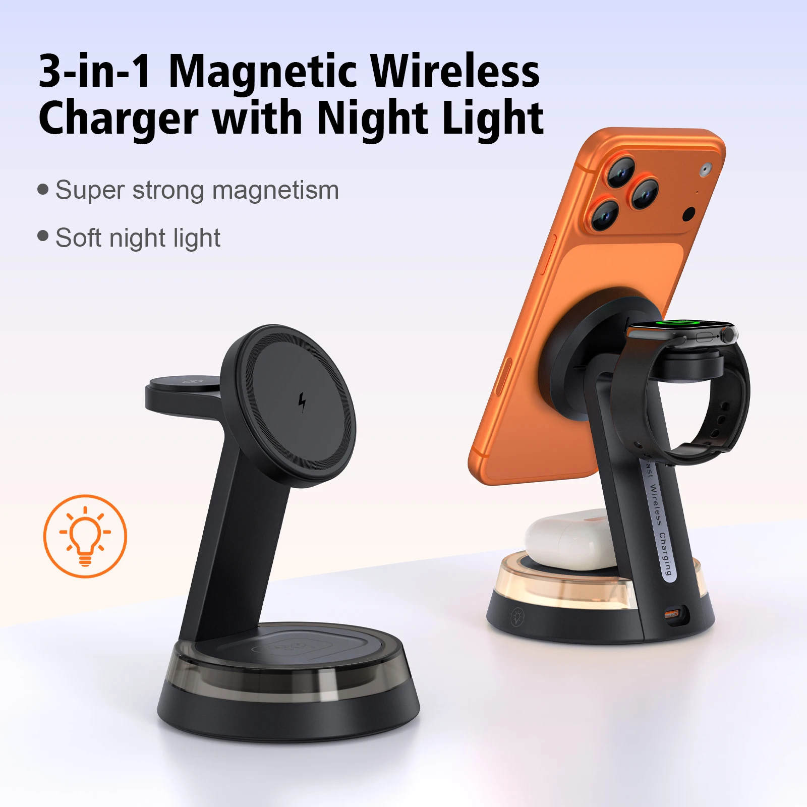 3 in 1 Magnetic Wireless Charger Stand with Night Light 15W Fast Charging Dock for iPhone 17 16 15 14 13 12 Watch AirPods
