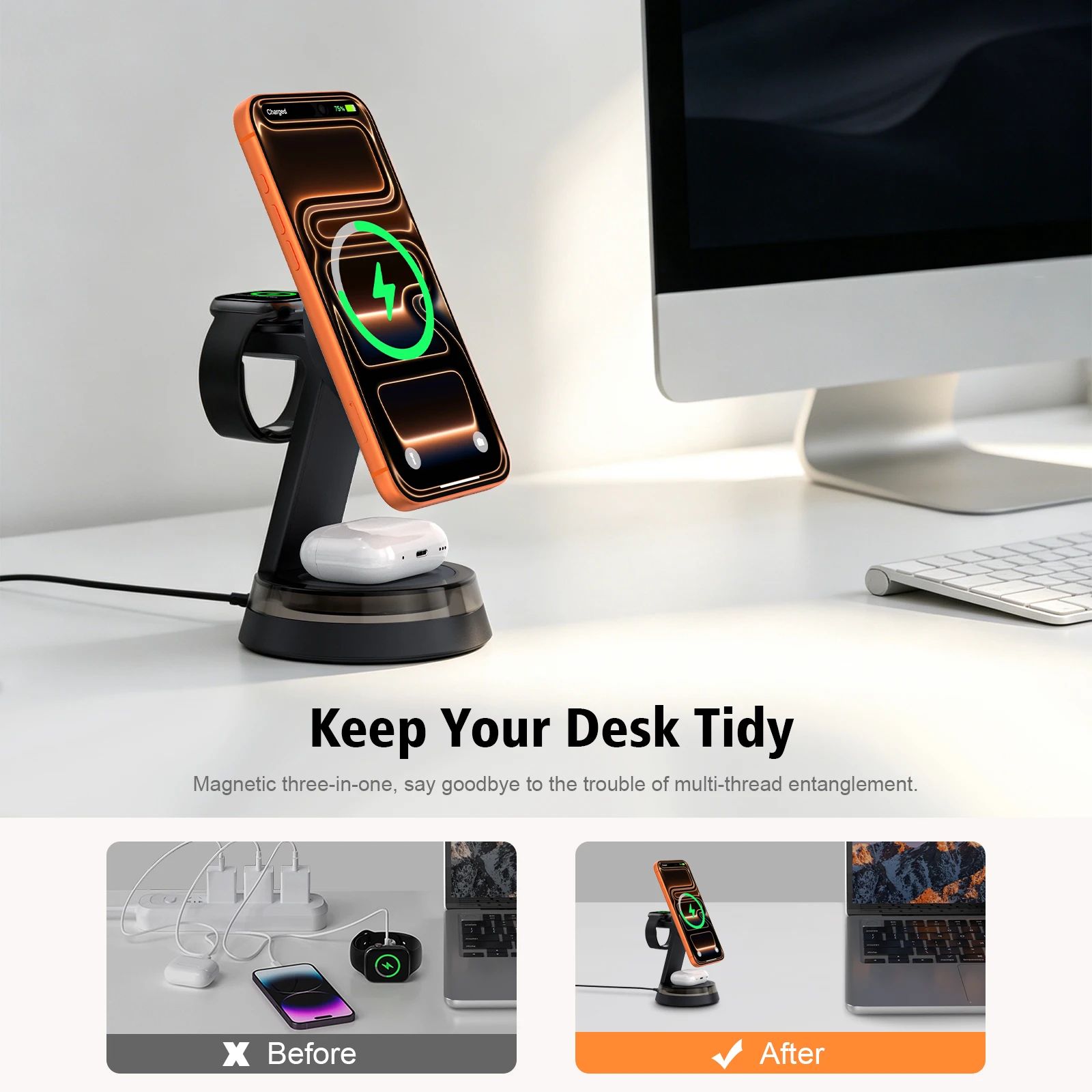 3 in 1 Magnetic Wireless Charger Stand with Night Light 15W Fast Charging Dock for iPhone 17 16 15 14 13 12 Watch AirPods