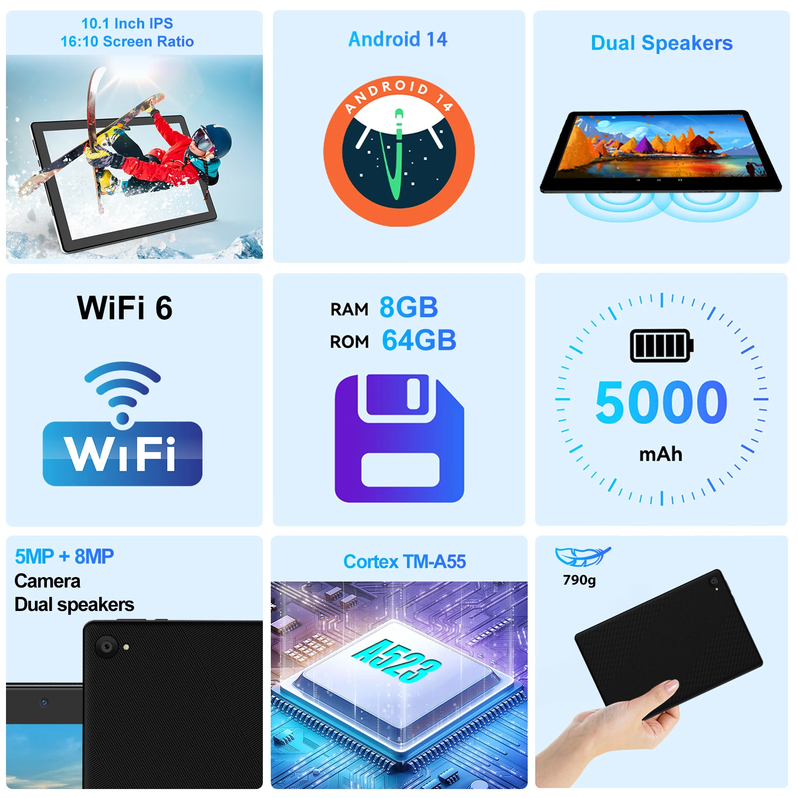 `10.1 Inch Android 14 Tablet PC Octa‑Core 8GB RAM 64GB ROM WiFi 6 Widevine L1 5000mAh Dual Speakers 5MP+8MP Camera Face Unlock Study Gaming Tablet`