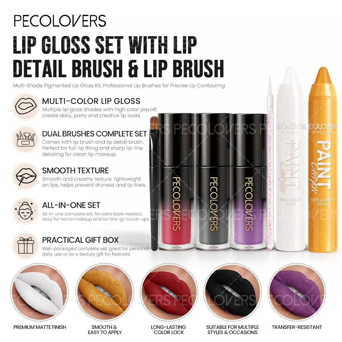 7PCS/SET Halloween Face And Lip Paint Set, 2 Paint Pens, 3 Liquid Lip Colors, 1 Detail Brush, 1 Beauty Tool, Quick-Dry Smudge-Proof Formula, Long-Wear Non-Sticky Finish, Great for Spooky Holiday Looks