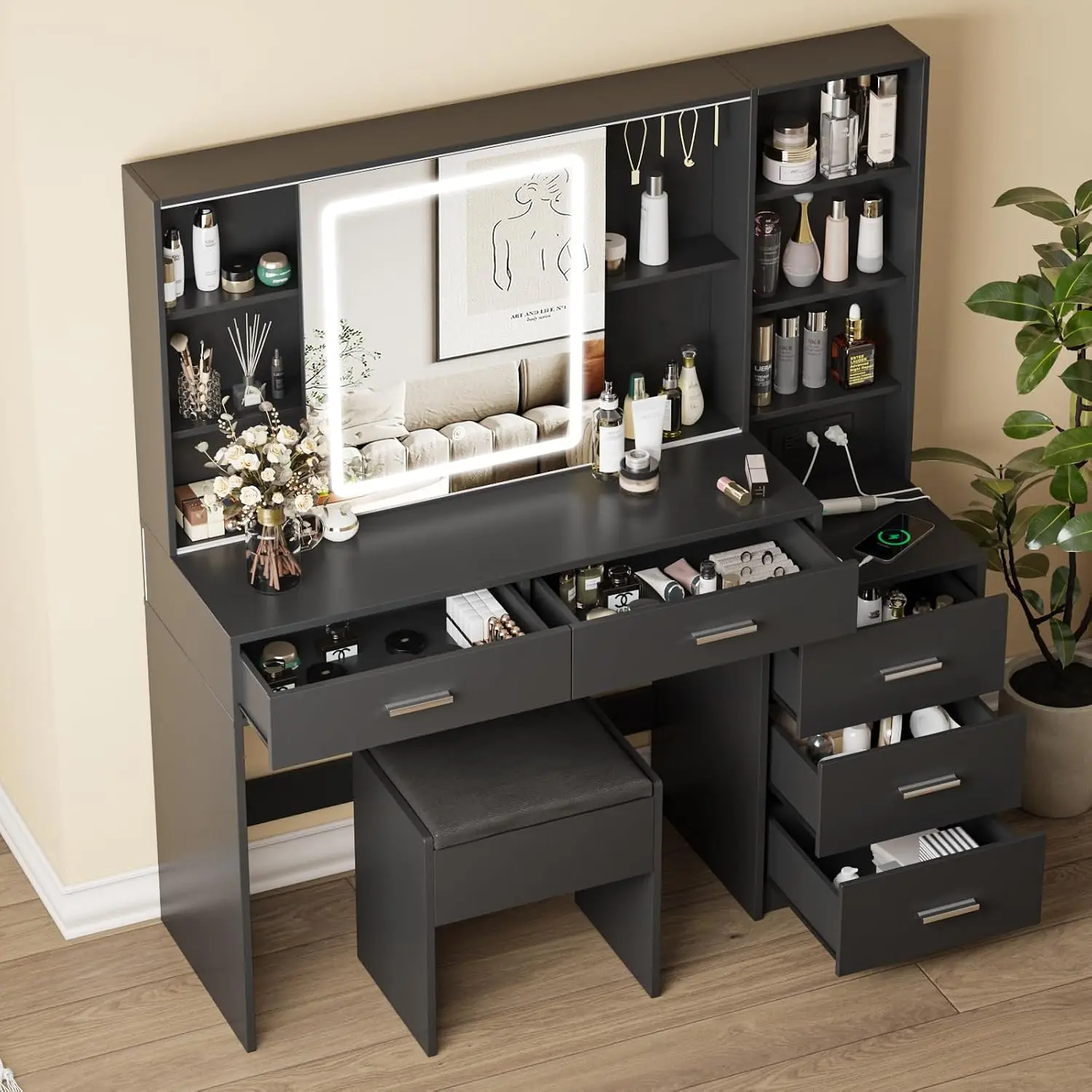 Makeup Vanity Desk with Lighted Mirror, 5 Drawers, Charging Station & Ample Storage, Custom