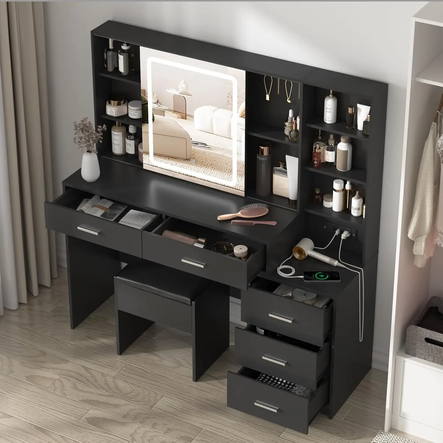 Makeup Vanity Desk with Lighted Mirror, 5 Drawers, Charging Station & Ample Storage, Custom