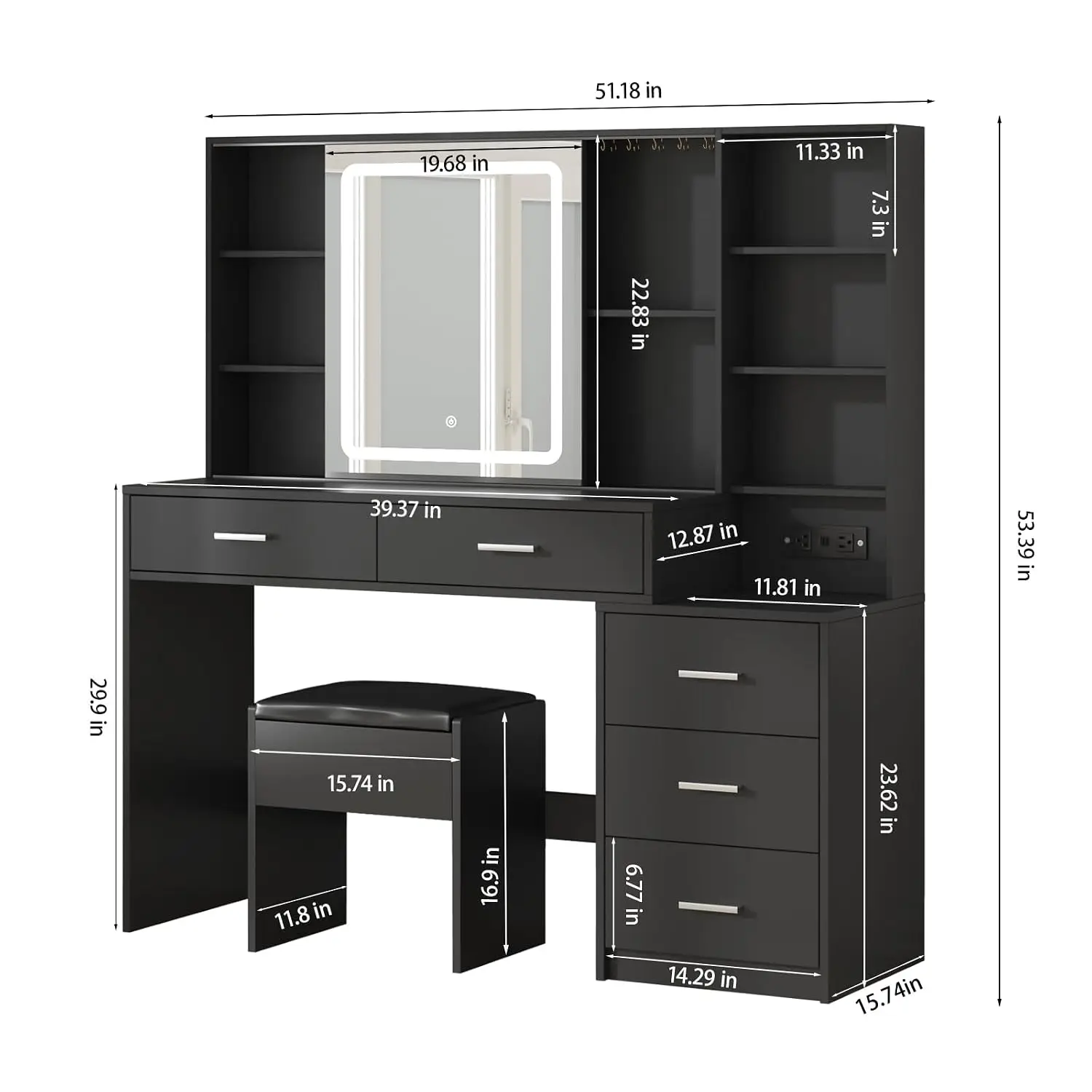 Makeup Vanity Desk with Lighted Mirror, 5 Drawers, Charging Station & Ample Storage, Custom