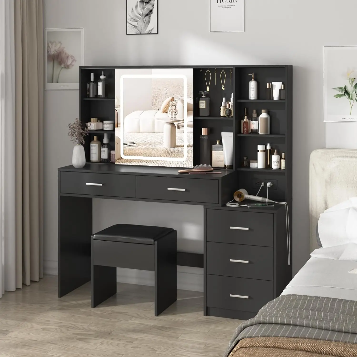 Makeup Vanity Desk with Lighted Mirror, 5 Drawers, Charging Station & Ample Storage, Custom
