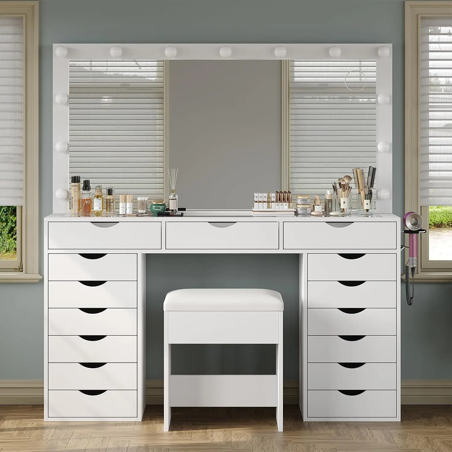 Vanity Desk with Mirror and Lights, Makeup Table with Charging Station, 3 Color Lighting Modes, 15 Drawers Dressing, Customized