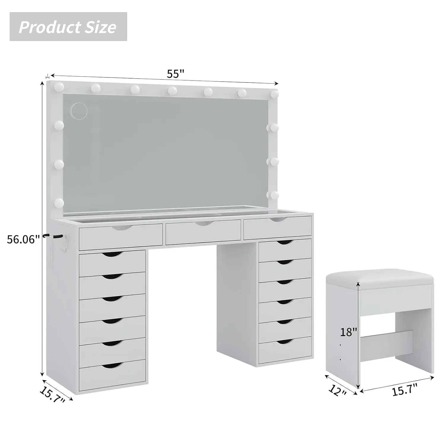 Vanity Desk with Mirror and Lights, Makeup Table with Charging Station, 3 Color Lighting Modes, 15 Drawers Dressing, Customized