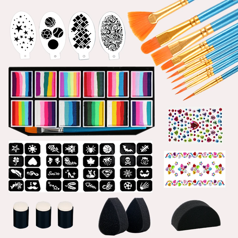 Face Paint 12x10gm Professional Body Paint Kit  Adults Stencil One Stroke Split Cake Rainbow Makeup