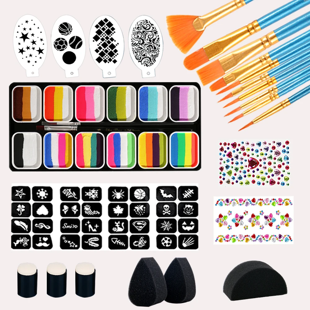 Face Paint 12x10gm Professional Body Paint Kit  Adults Stencil One Stroke Split Cake Rainbow Makeup