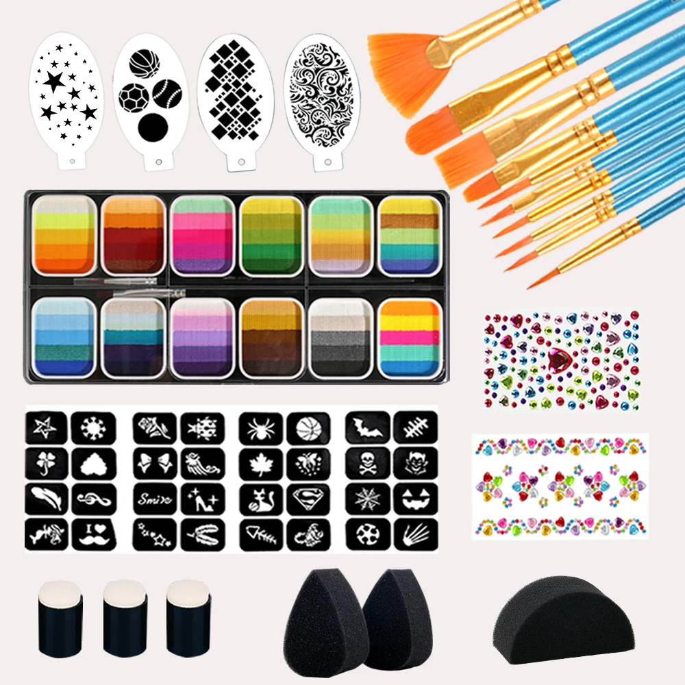 Face Paint 12x10gm Professional Body Paint Kit  Adults Stencil One Stroke Split Cake Rainbow Makeup
