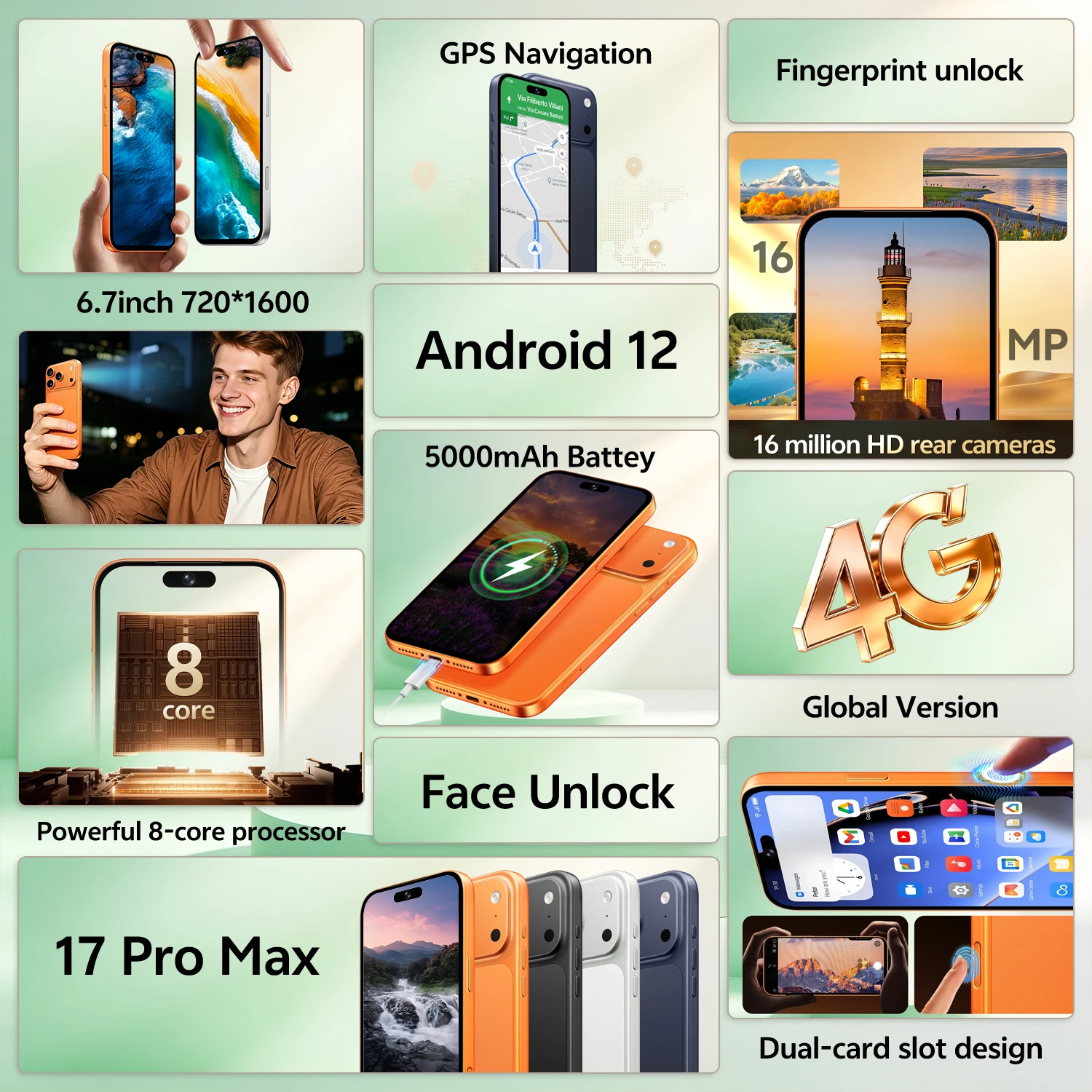 IVMI Global Vision 17Pro Max Android12.0 Smartphone 4GB RAM 32GB ROM 8+16MP Fingerprint Face ID 4G Network Mobile Phones