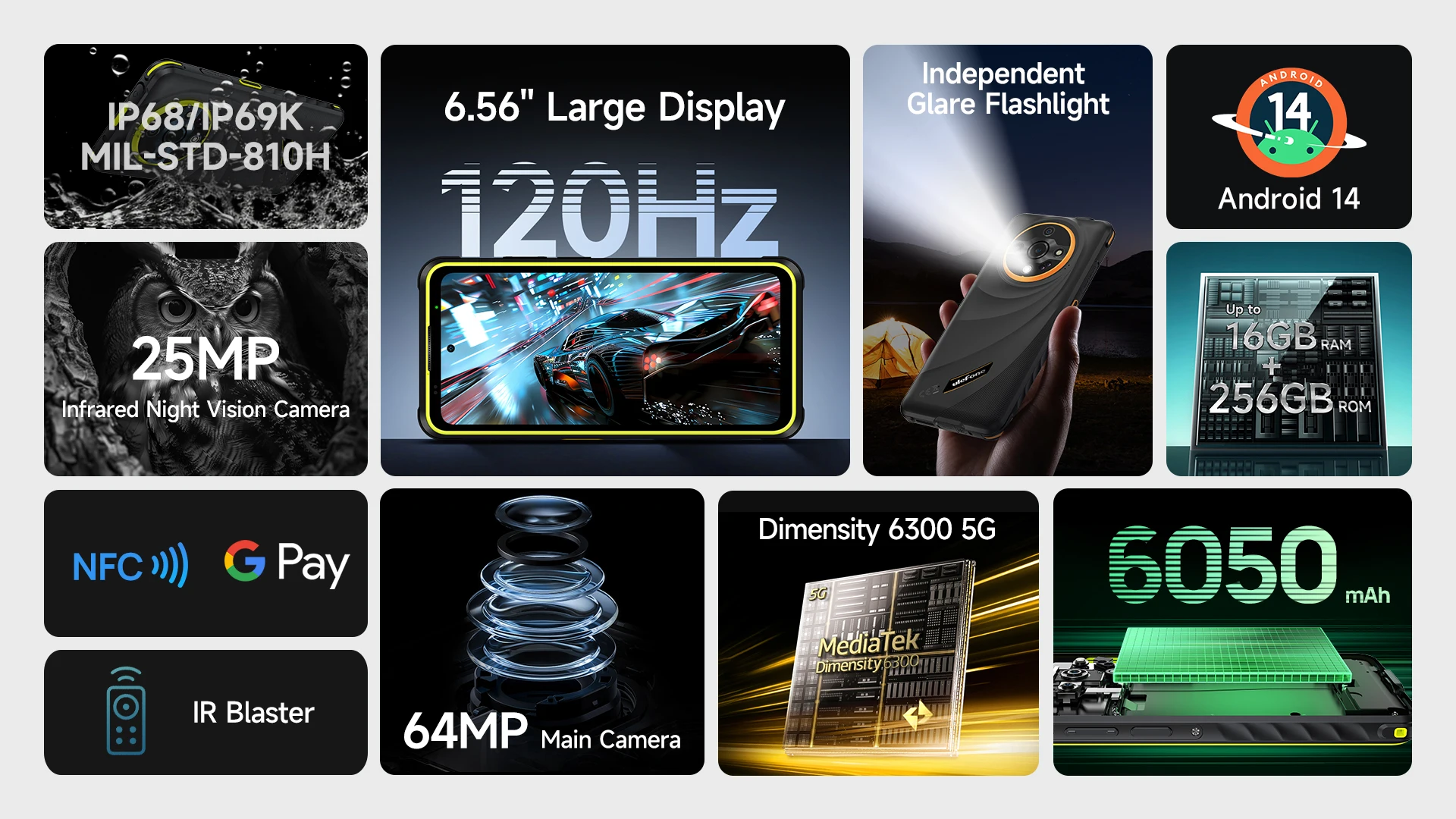 Ulefone Armor X31 Pro 5G Rugged Phone Android 14 Smartphone 6.56”16GB + 256GB 25MP Night Camera 64MP 6050mAh NFC 120Hz IR