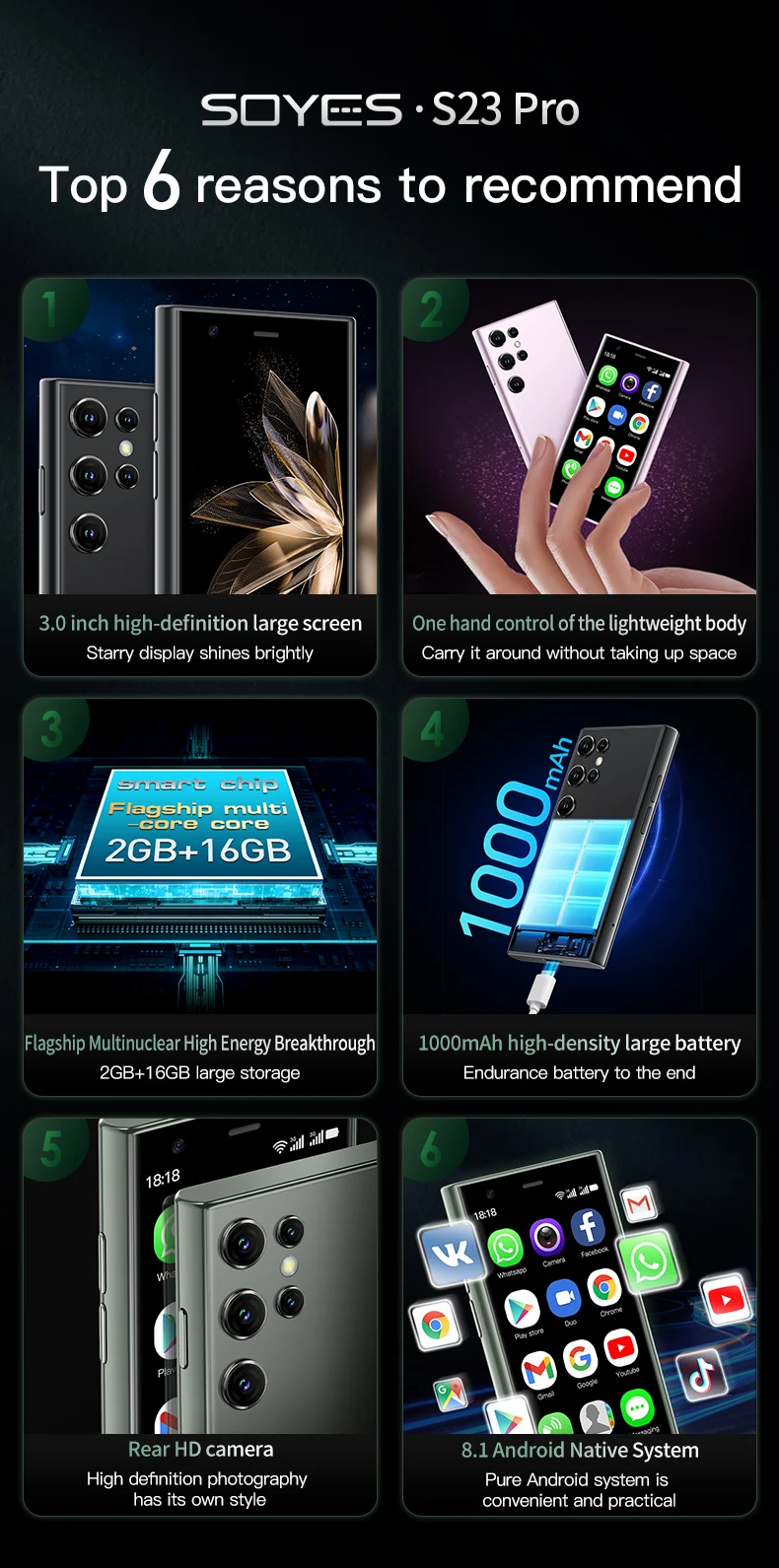 SOYES S23 Pro & Mini 24 Mini Smartphones Android 8.1 Dual SIM 3.0'' HD 1000mAh Battery WIFI Bluetooth 3G Small Mobile Phone