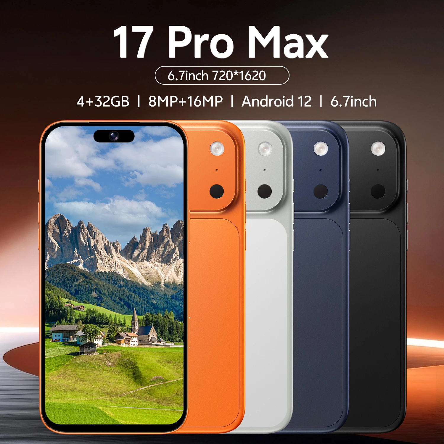 IVMI Global Vision 17Pro Max Smartphone Android 4GB RAM 32GB ROM 8+16MP Face ID 4G Network Google Play Store Mobile Phones