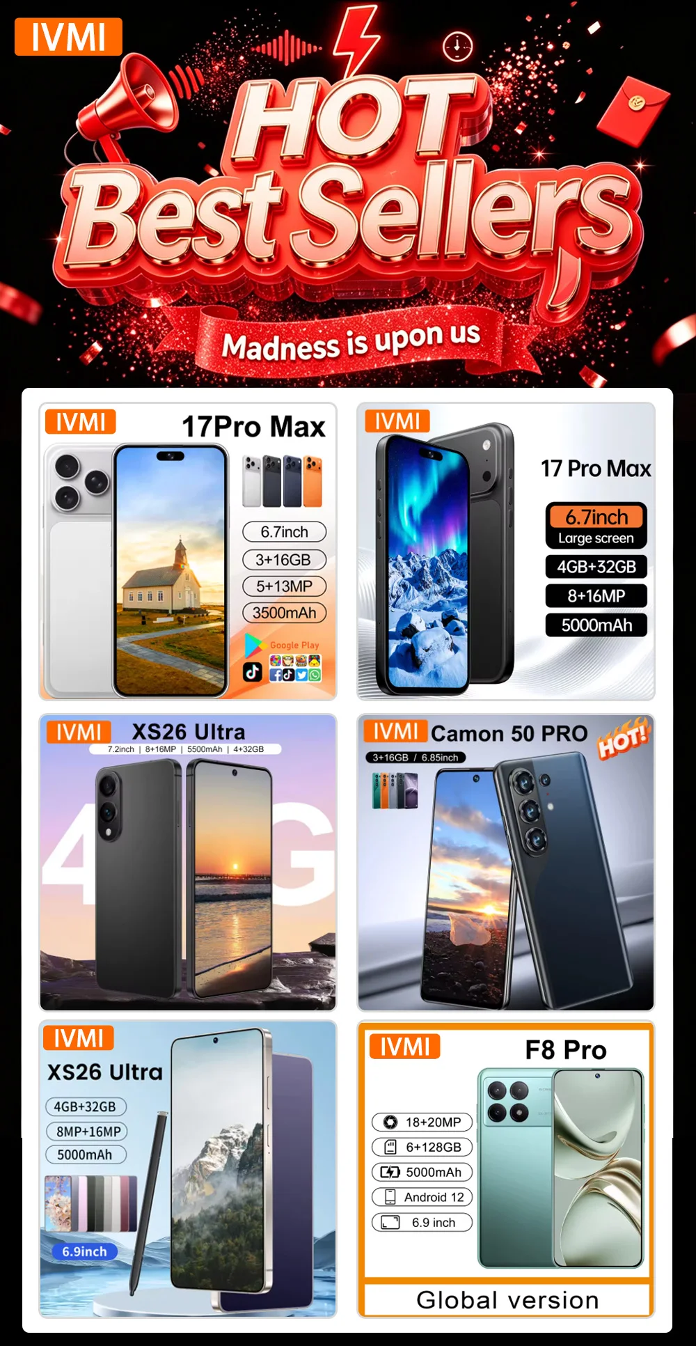 IVMI Global 17PROMAX Smartphone Android 12 Pixels 8+16MP 6.7 Inch 4GB Memory 32GB ROM Face ID 4G Network Google Play Store Phone