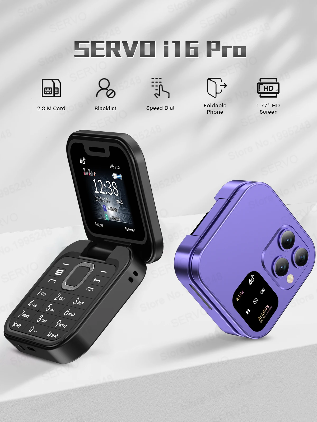 SERVO I16 PRO 4G LTE Mini Flip Mobile Phone Dual SIM Standby Call Recording Speed Dial FM Radio 1.77' Screen Foldable Cellphones