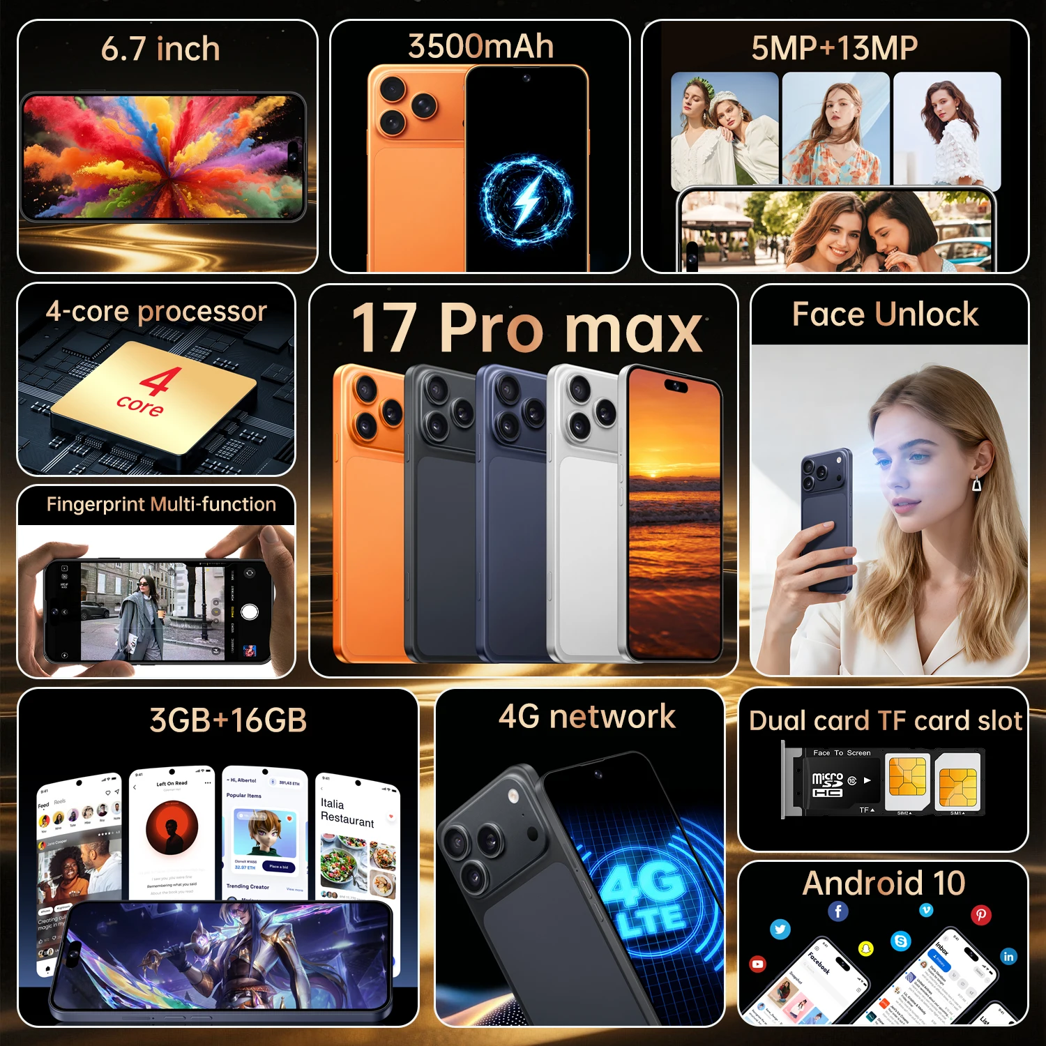 IVMI Global 17 Pro Max 3GB+16GB Smartphone 6.7-inch 5 MP+13 Megapixel Camera Bluetooth Wi-Fi Google-supported Mobile Phone