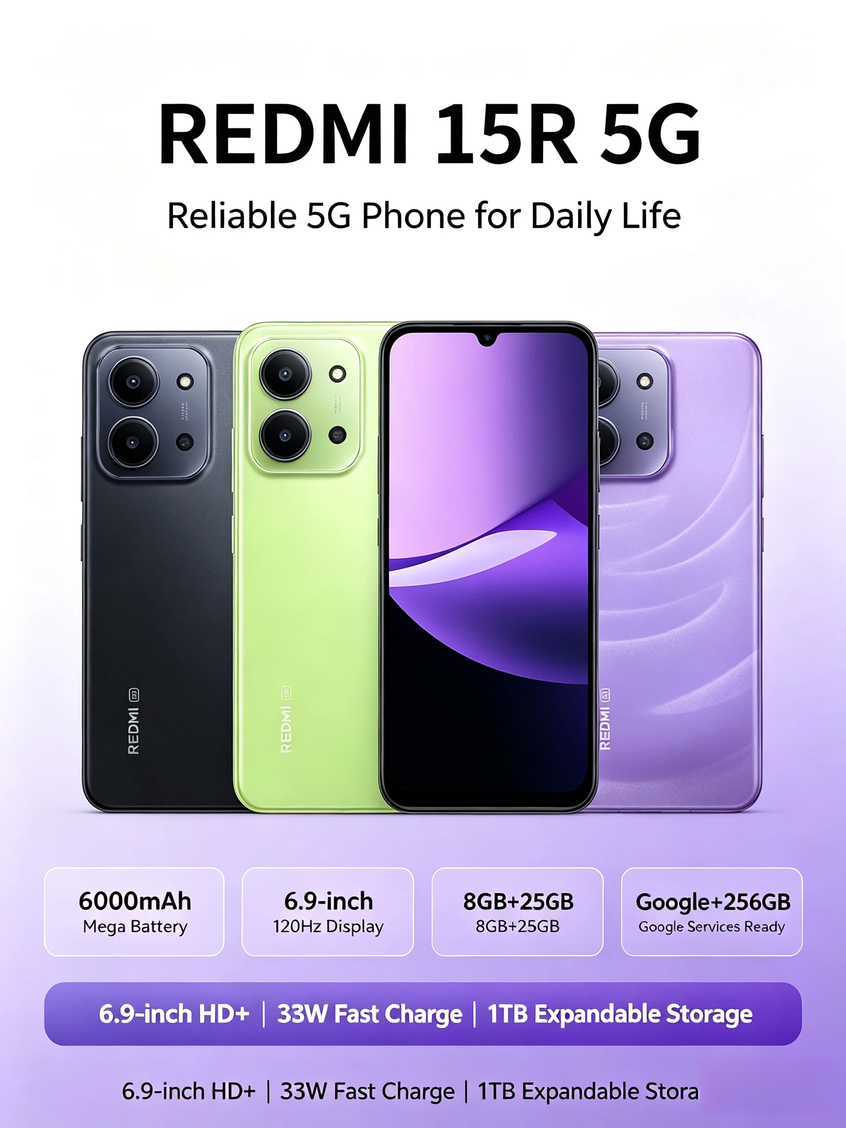 2026 New Redmi 15R 8+256GB Mobile Phone - Unlocked Dual SIM 6.9' LCD+ Dimensity 6300 13MP Camera 6000mAh Battery