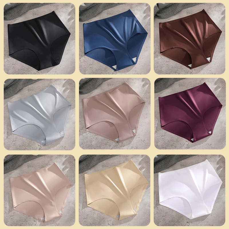 4PCS/SET Plus Size Underwear Women's Panties Ice Silk Solid Color Ladies Seamless Underpants High Waist Sexy Breathable Lingerie