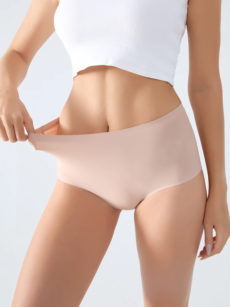 4PCS/SET Plus Size Underwear Women's Panties Ice Silk Solid Color Ladies Seamless Underpants High Waist Sexy Breathable Lingerie