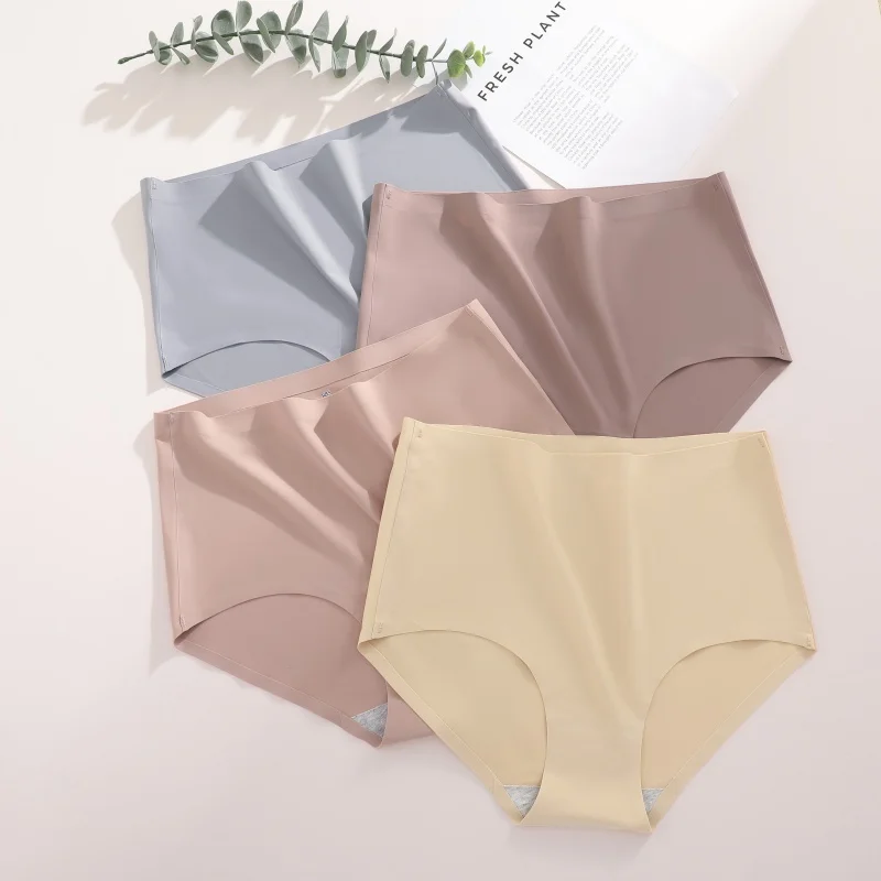 4PCS/SET Plus Size Underwear Women's Panties Ice Silk Solid Color Ladies Seamless Underpants High Waist Sexy Breathable Lingerie