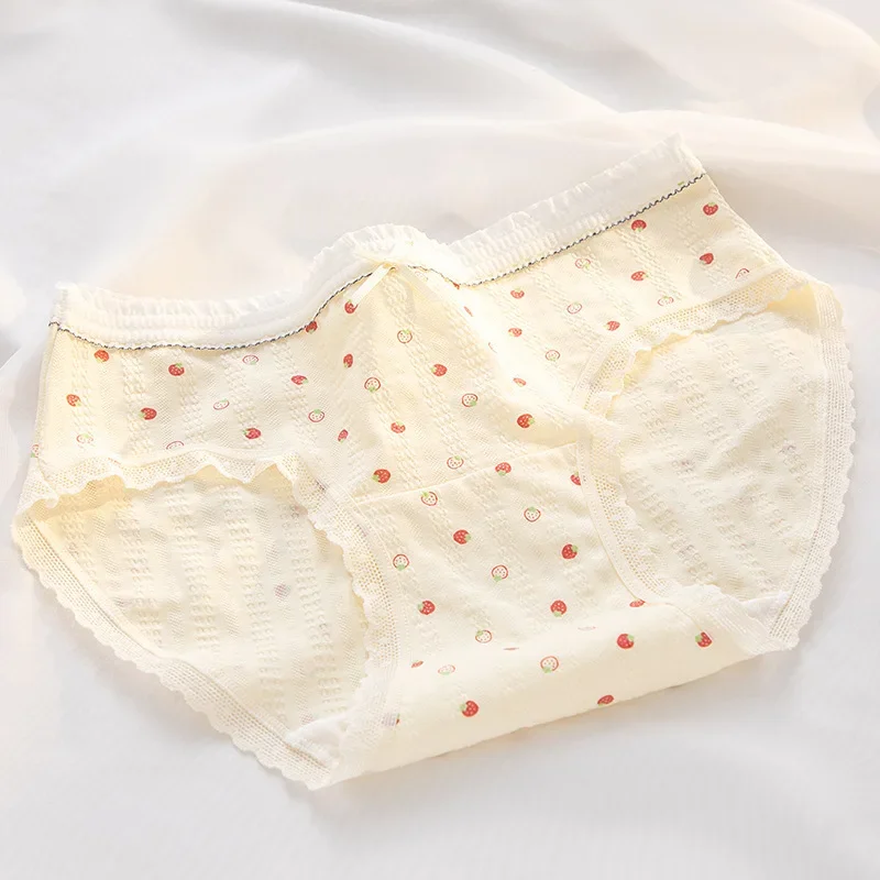 5PCS M-XL Sweet Girl Cherry Strawberry Print Cotton Underwear Women Low Waist Breathable Seamless Panties Student Soft Briefs