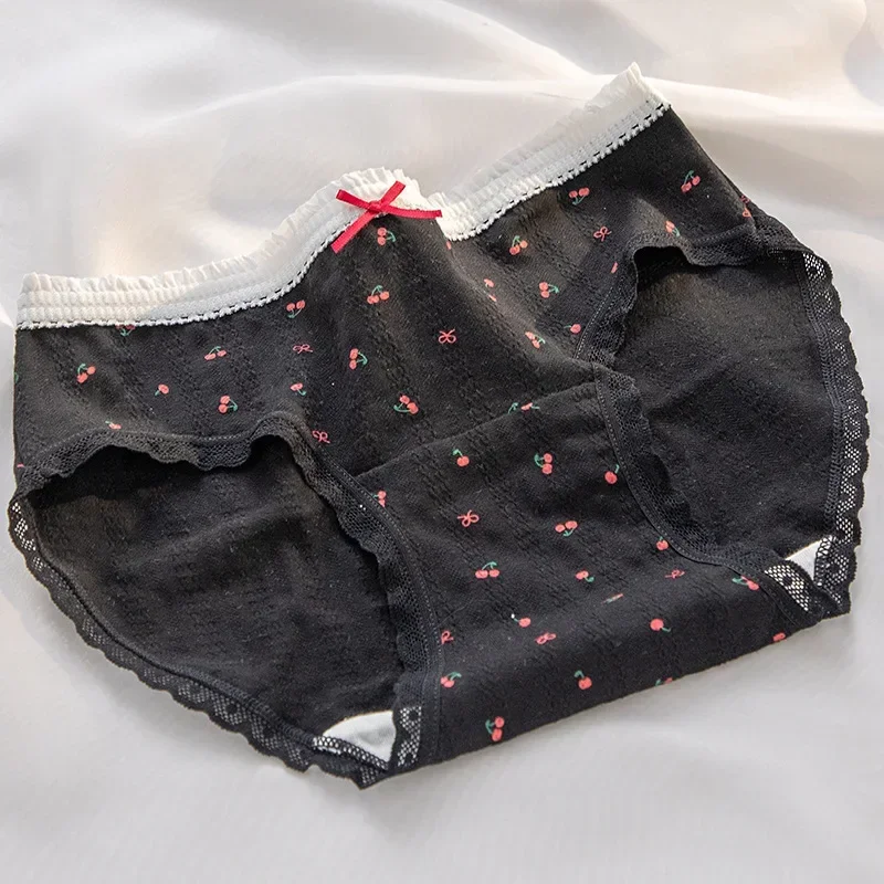 5PCS M-XL Sweet Girl Cherry Strawberry Print Cotton Underwear Women Low Waist Breathable Seamless Panties Student Soft Briefs