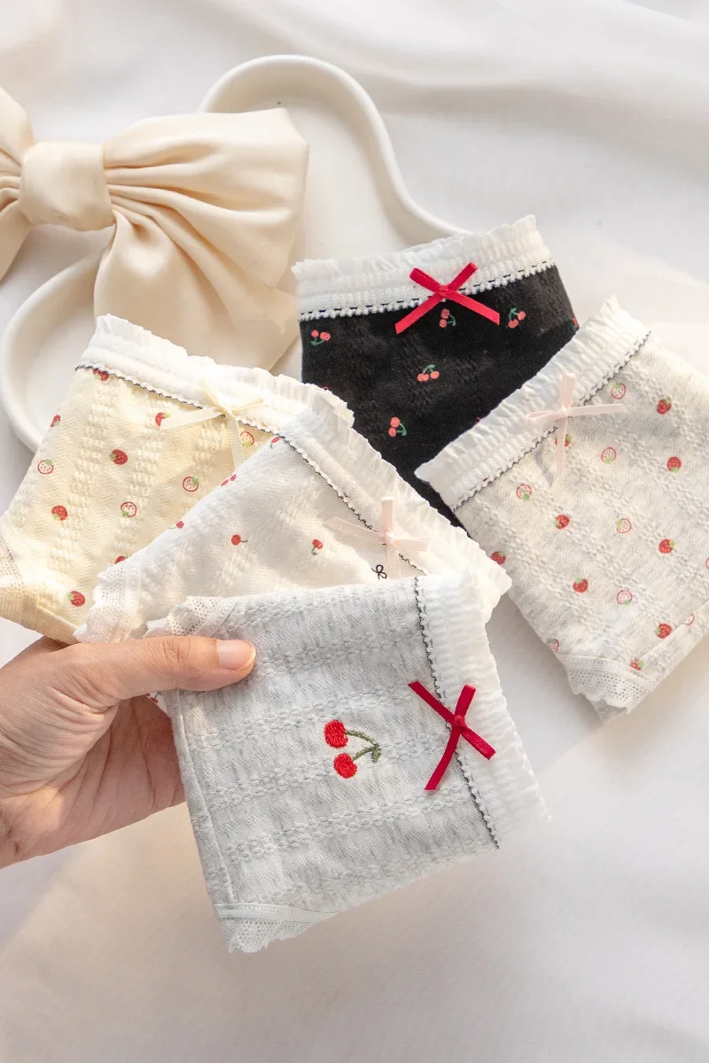 5PCS M-XL Sweet Girl Cherry Strawberry Print Cotton Underwear Women Low Waist Breathable Seamless Panties Student Soft Briefs