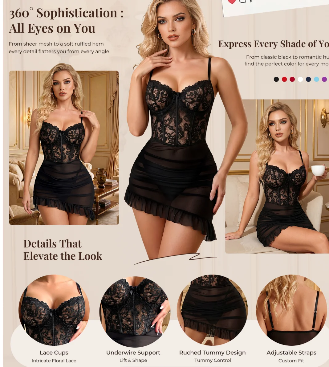 Plus Size Sexy Corset Bodycon Mini Dress Chemise Ruffle Lace Mesh Perspective Underwire Babydoll Lingerie Set 2 Piece with Thong