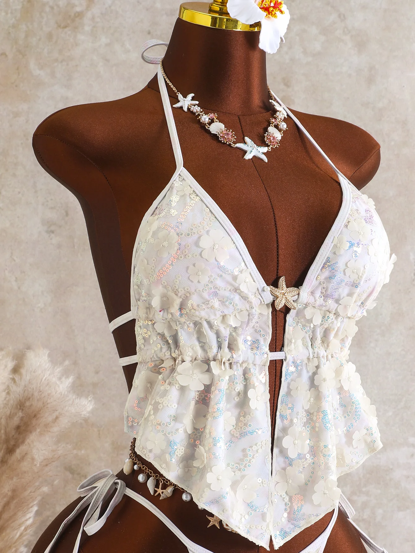 Sexy Sequin Pink Bikinis Sets Women V Neck Metal Flower Top Tie Side Thong Swimsuit 2026 Beach Bathing Suit Holiday Swimwear