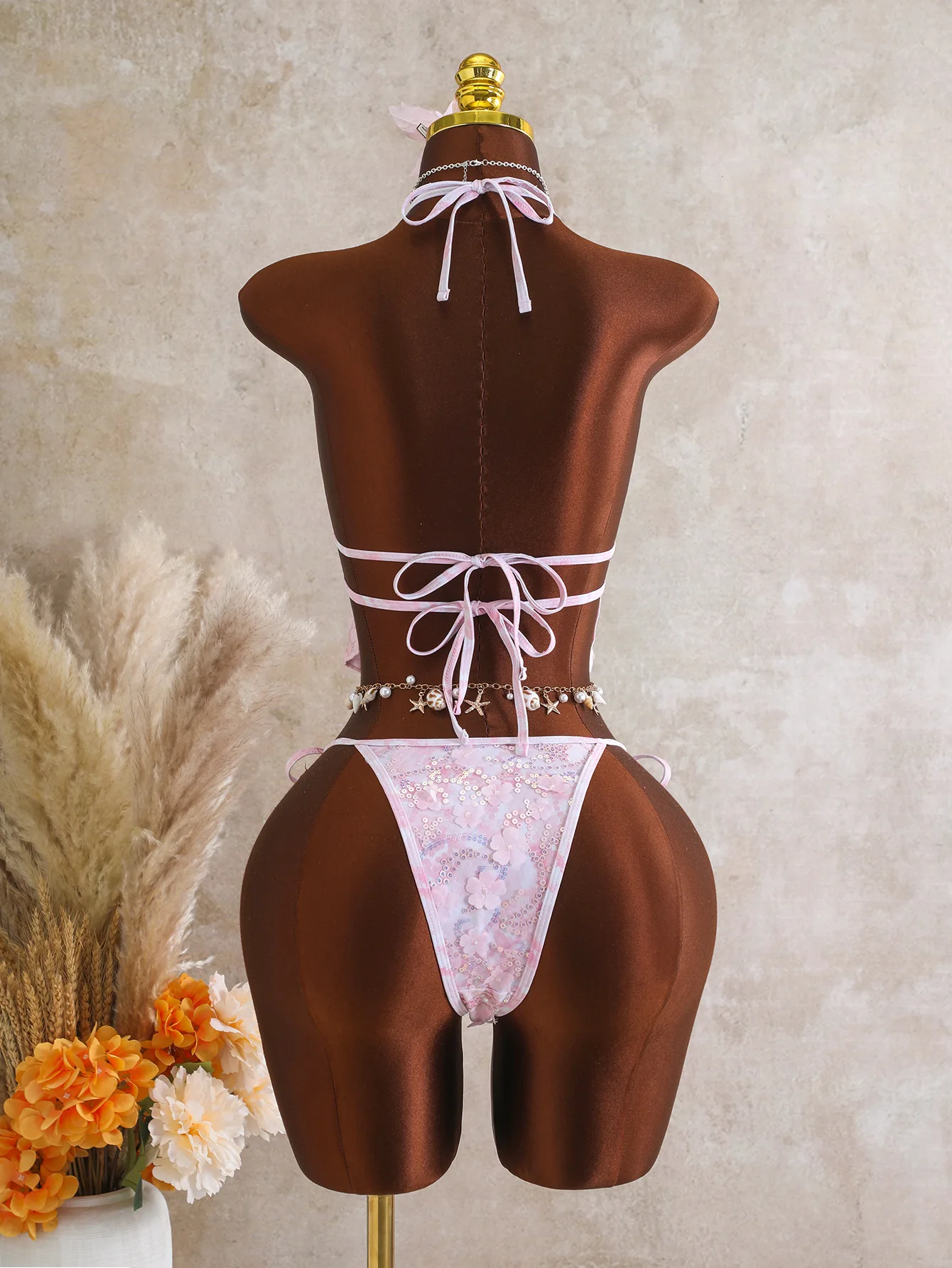 Sexy Sequin Pink Bikinis Sets Women V Neck Metal Flower Top Tie Side Thong Swimsuit 2026 Beach Bathing Suit Holiday Swimwear